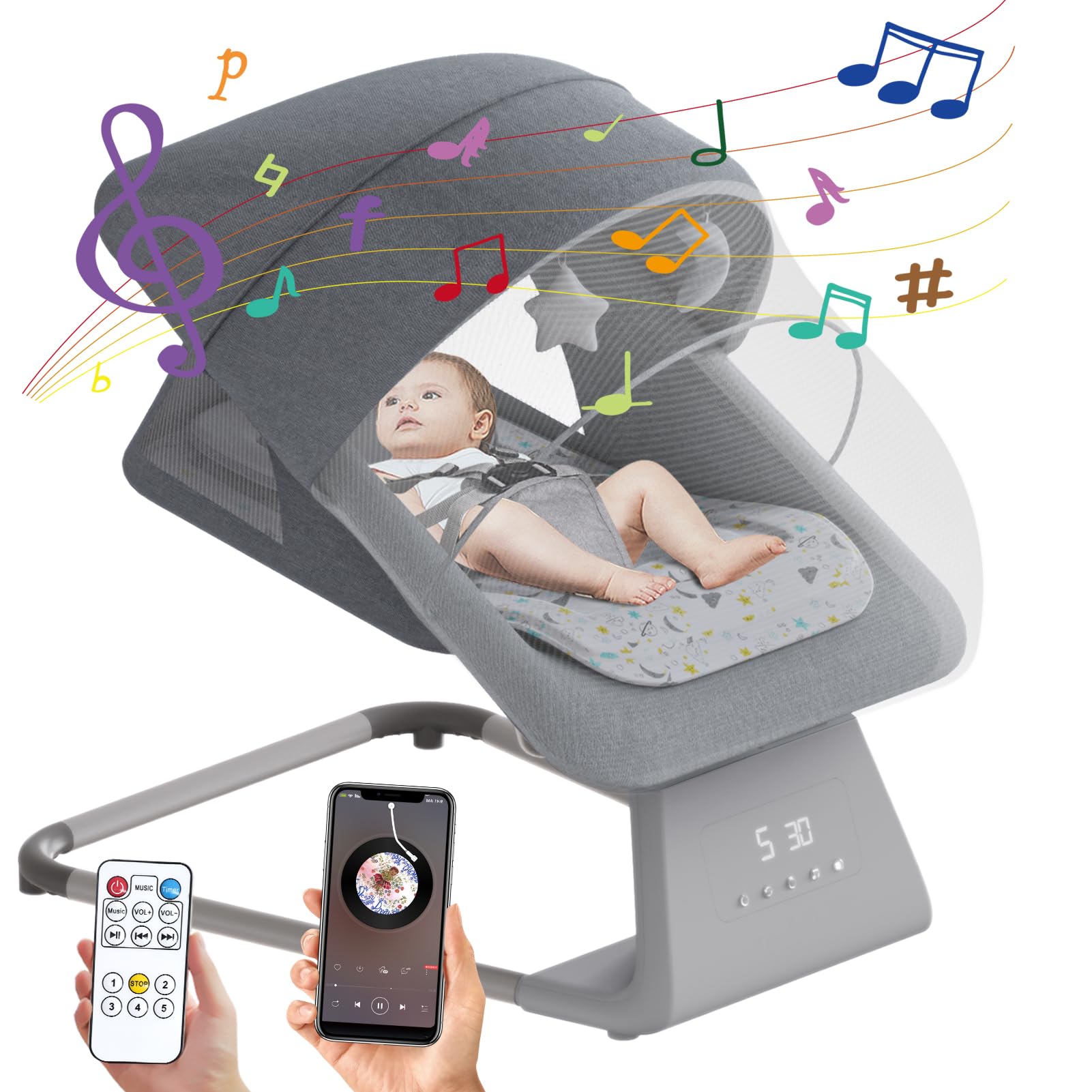 **Baby Swing for Infants & Toddlers - Remote Control Indoor Baby Swing with Bluetooth, 5 Speed Settings, 11 Lullabies & Large Screen - Portable Rocker Bouncer for Newborn Boys & Girls - Perfect for Nursery, Playtime & Soothing**