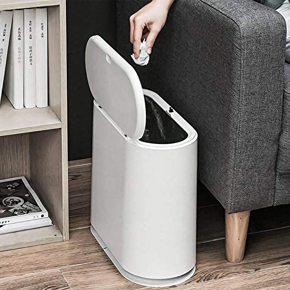 8L Slim Plastic Trash Can with Press Top Lid - 2.1 Gallon Small Narrow Garbage Bin, Dog Proof Wastebasket for Bathroom, Living Room, Bedroom, Kitchen & Office - Perfect for Small Spaces & Pet Owners (White)