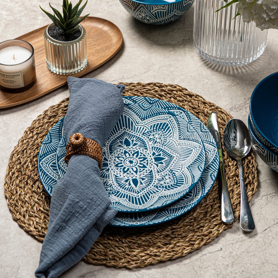 12-Piece Ceramic Dinnerware Set - Plates & Bowls with La La Mandala Blue Design for Everyday Dining, Parties & Home Decor