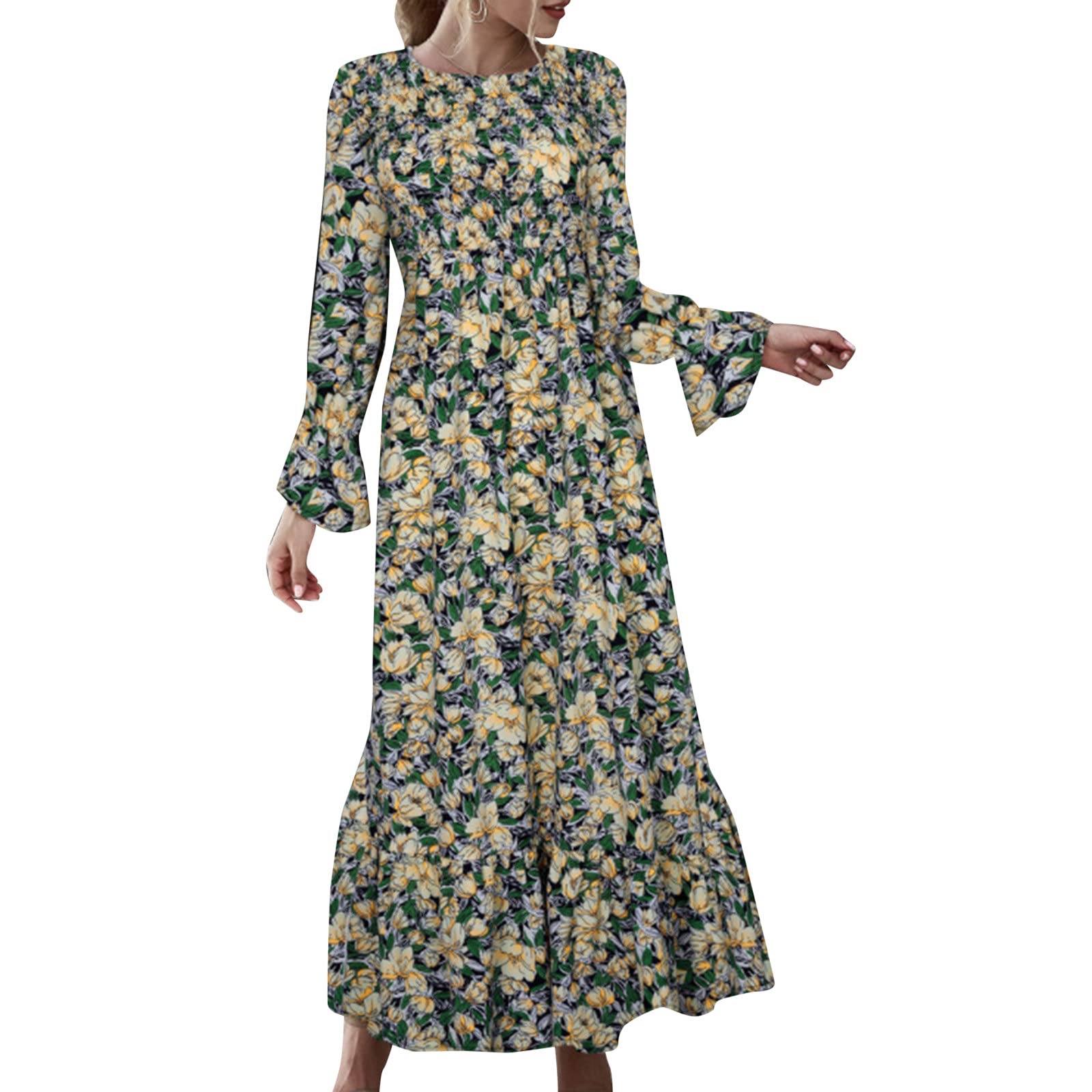Women's Printed Round Neck Long Sleeve Knee-Length Dress - Elegant V-Neck Black Short Dress for Casual Wear, Office, Party & Date Night