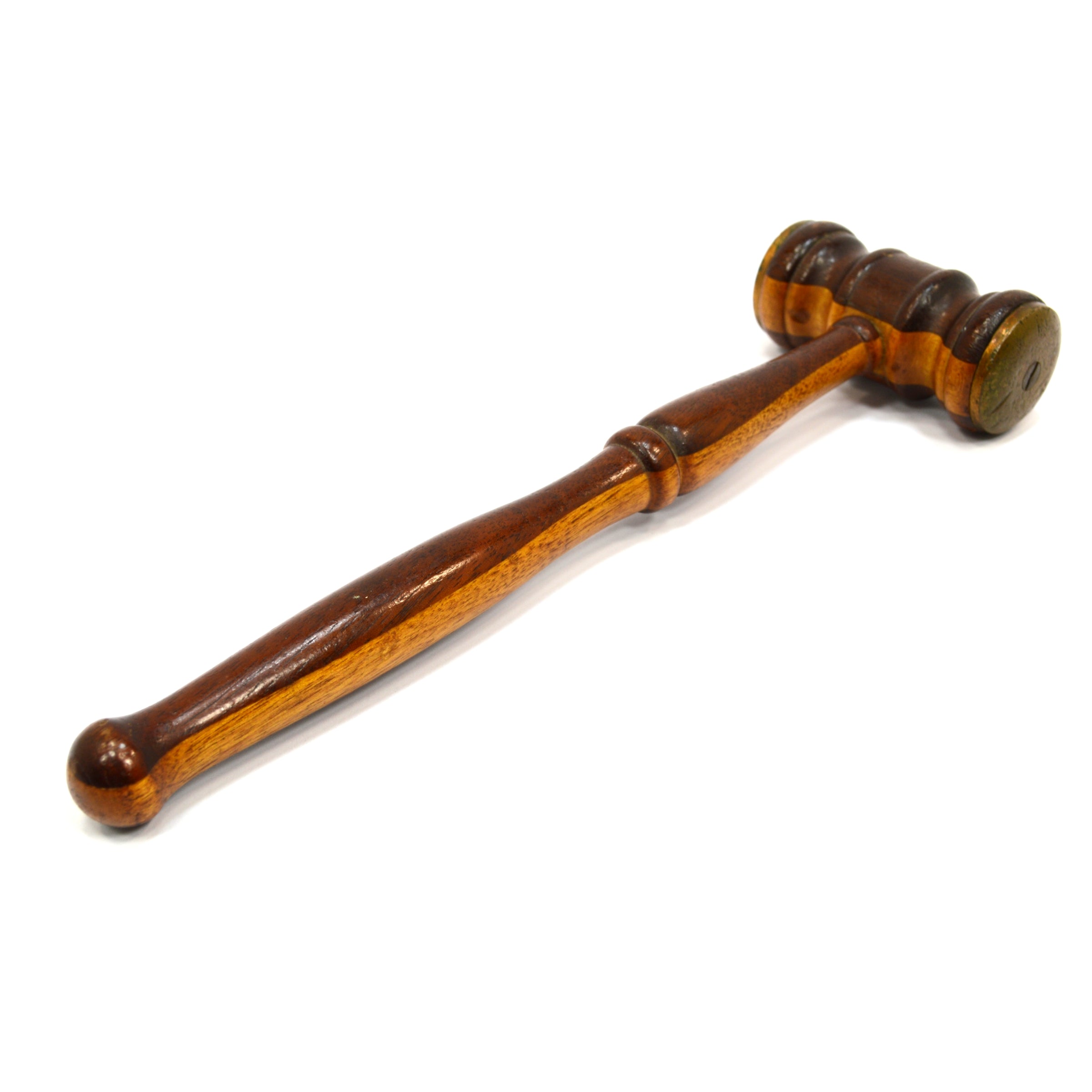 Antique 2-Tone Turned Hardwood Gavel - Mahogany & Oak with Brass Face Plates | Beautiful Courtroom & Auction Hammer for Judges, Collectors & Legal Professionals