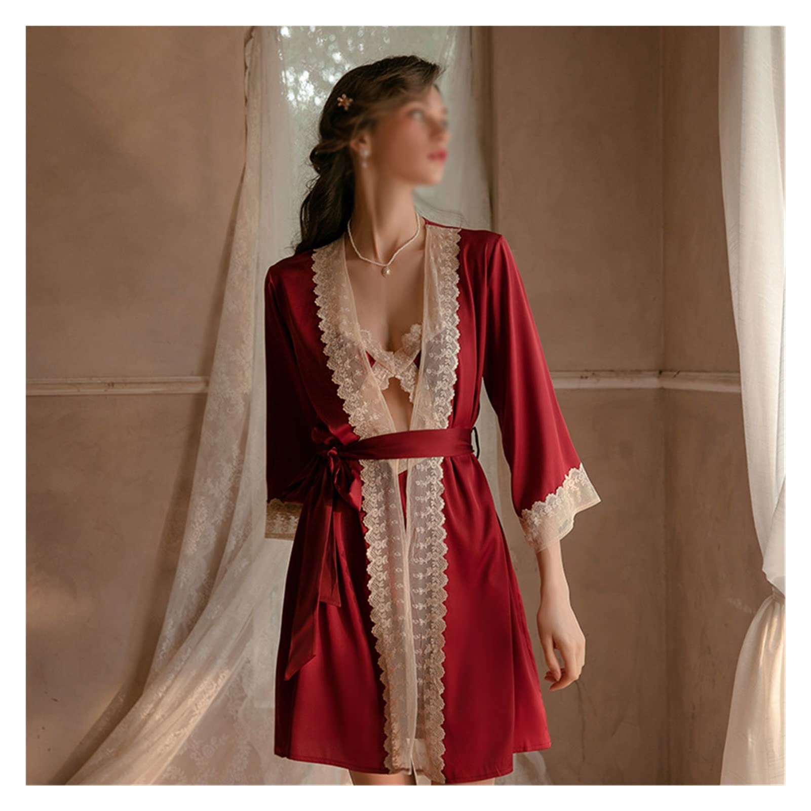 Women's Satin Lace Bathrobe - Soft Sleepwear Nightgown for Home & Spa | Sexy Lingerie Robe for Relaxation, Lounging & Bridal Shower (Red, One Size)