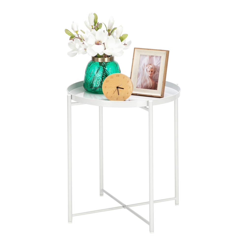 FVLFIL Metal Side Table - Small Round End Table with Waterproof Tray for Indoor & Outdoor Use - Perfect for Living Room, Bedroom, Patio, or Garden as Coffee Table or Nightstand