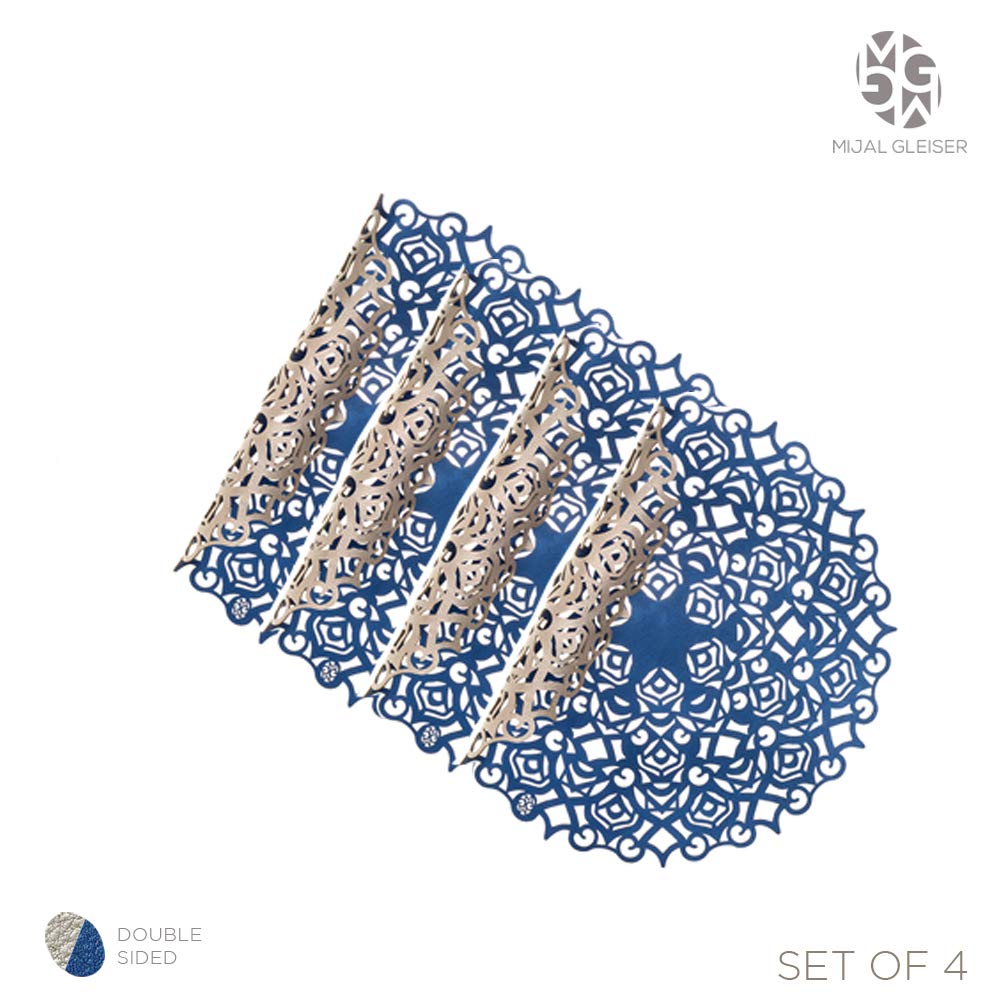 Mijal Gleiser Double Sided Placemats Set of 4 - Laser Cut, Heat Resistant, Non Slip, Stain Resistant - Maya Collection (Royal Blue & Champagne) - Perfect for Dining Table, Kitchen, Party, and Home Decor