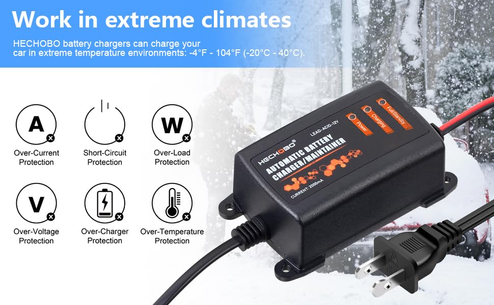 12V 2A Smart Battery Charger & Maintainer - Universal Trickle Charger for Lawn Mower, Motorcycle, Car, Boat, ATV, Riding Mower - 2000mA Auto Battery Desulfator with LED Display & 3M Cable - Perfect for Winter Storage & Seasonal Vehicle Maintenance