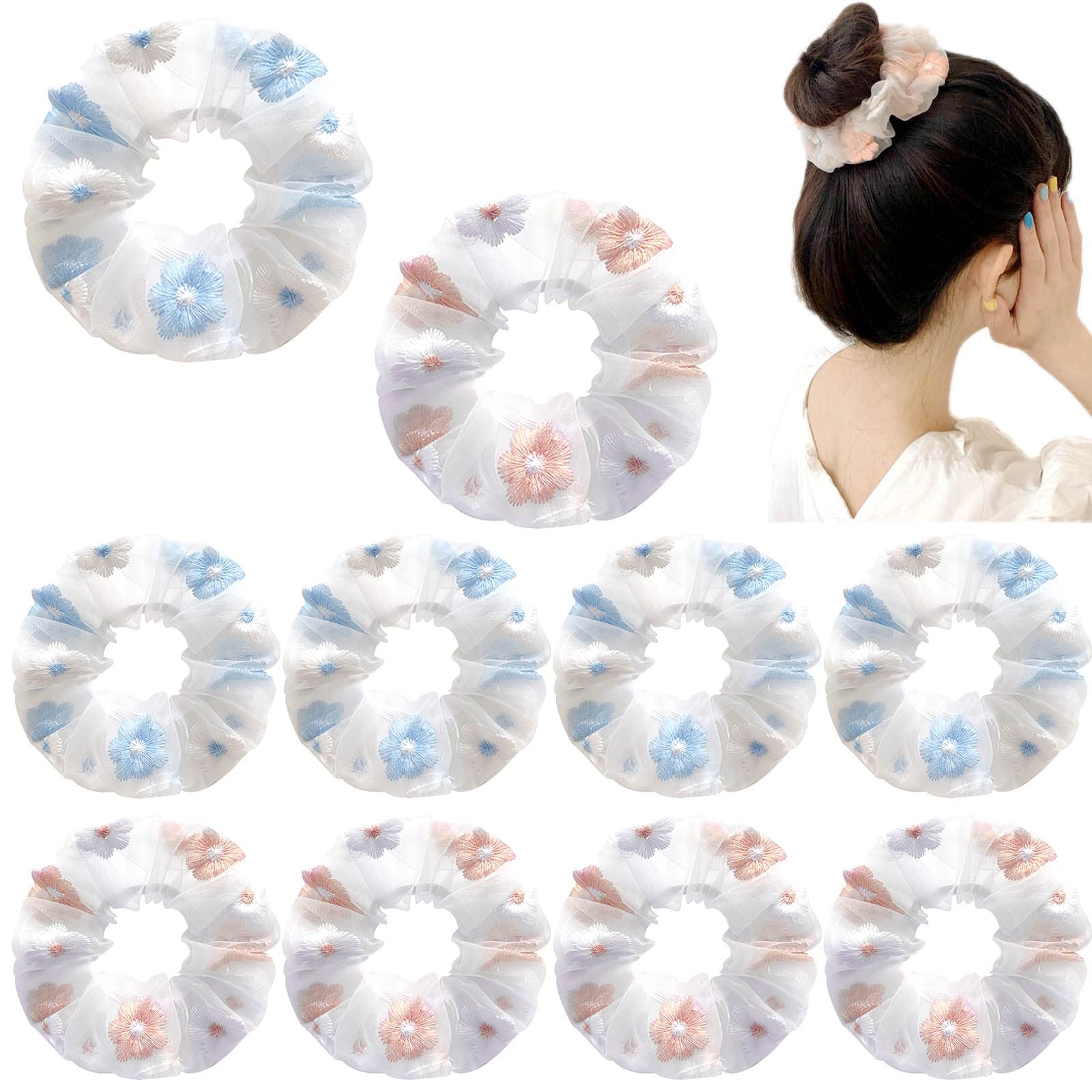 10 Pcs Sakura Flower Hair Scrunchies - Soft Elastic Hair Bands & Ponytail Holders for Women & Girls - Perfect for School, Work, Gym & Everyday Use
