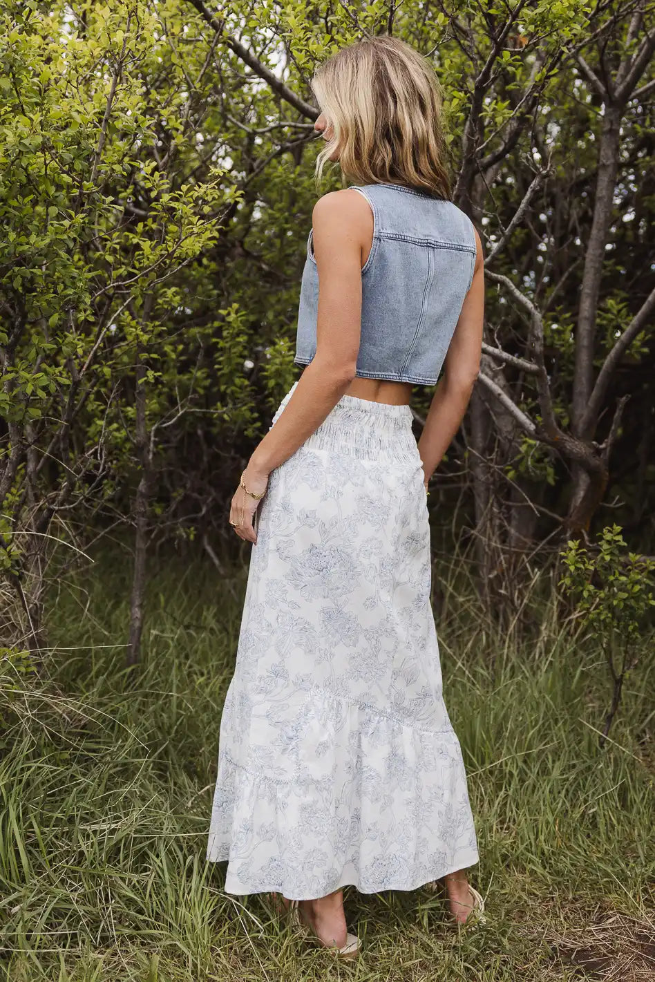 Bastien Blue Floral Skirt for Women - Elegant A-Line Midi Skirt with Pockets | Perfect for Spring, Summer, Office Wear & Casual Outings