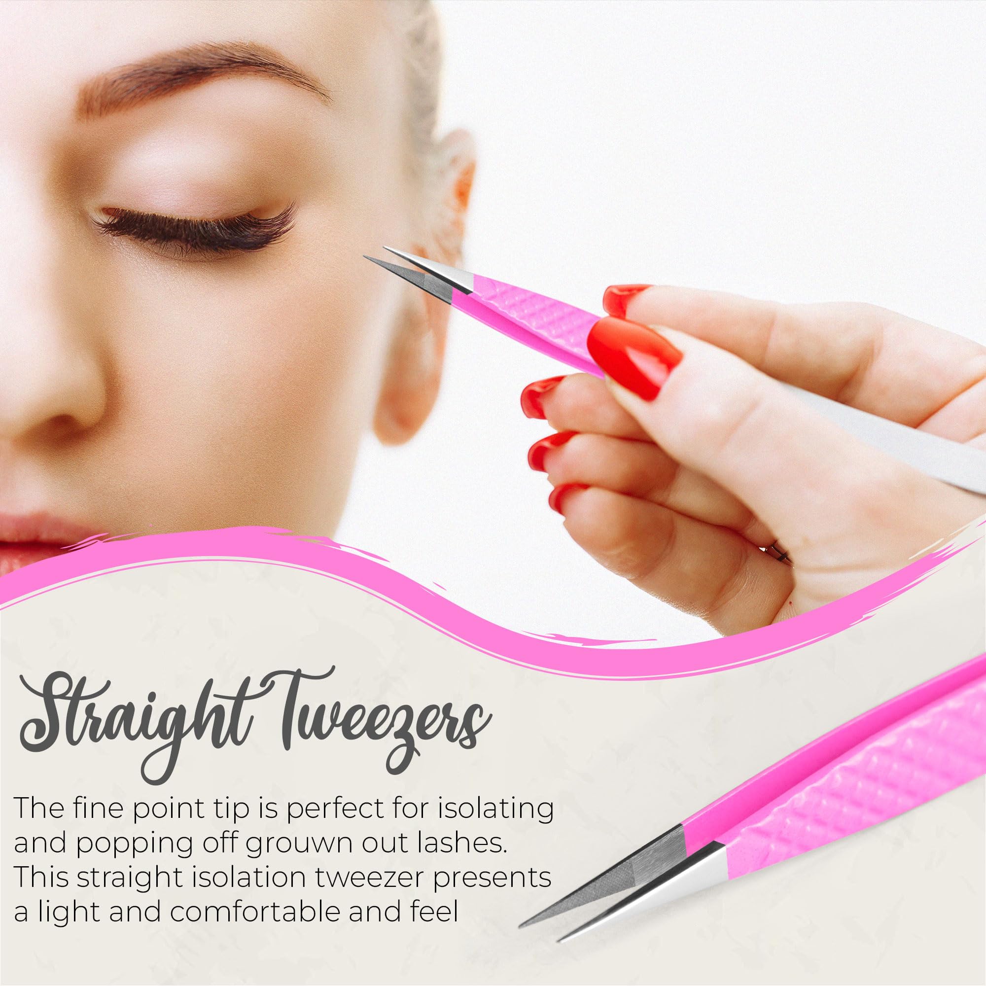 Professional 5Pcs Stainless Steel Eyelash Extension Tweezers Set - Volume & Isolation Curved Tweezers for Lash Artists | Perfect for Salon, Home Use & DIY Nail Art (Pink 3-Piece Set)
