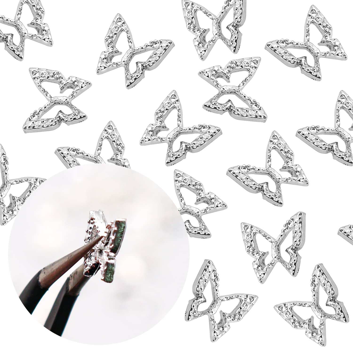 SILPECWEE 100pcs 3D Gold Silver Butterfly Nail Charms - Alloy Hollow Nail Studs & Nail Jewels for Nail Art Decoration | Perfect for Acrylic Nails, DIY Manicures & Professional Salon Use