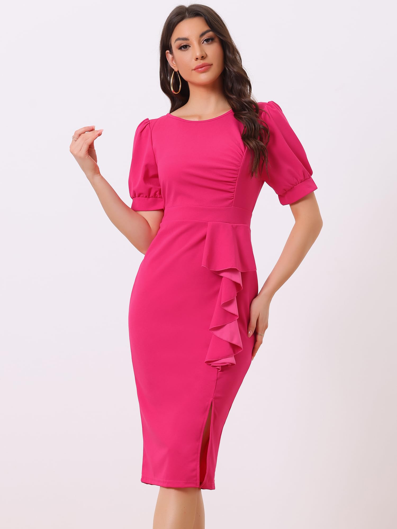 Allegra K Women's Elegant Bodycon Dress with Puff Sleeves & Ruffle Slit - Sexy Cocktail Party Dress for Night Out, Club, Date Night & Special Occasions