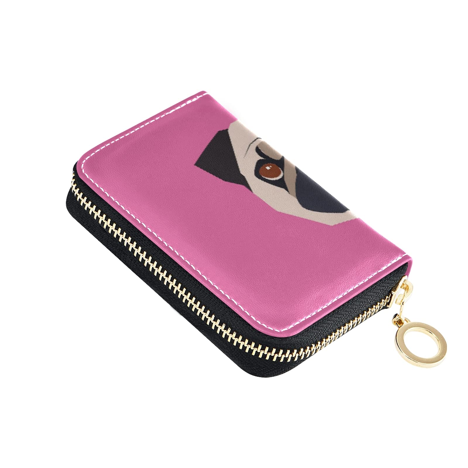 Pug Dog Design Pink RFID Blocking Leather Credit Card Wallet - Compact Women's Coin Purse with Key Organizer & Zipper Closure - Perfect for Everyday Use, Travel & Gift Giving