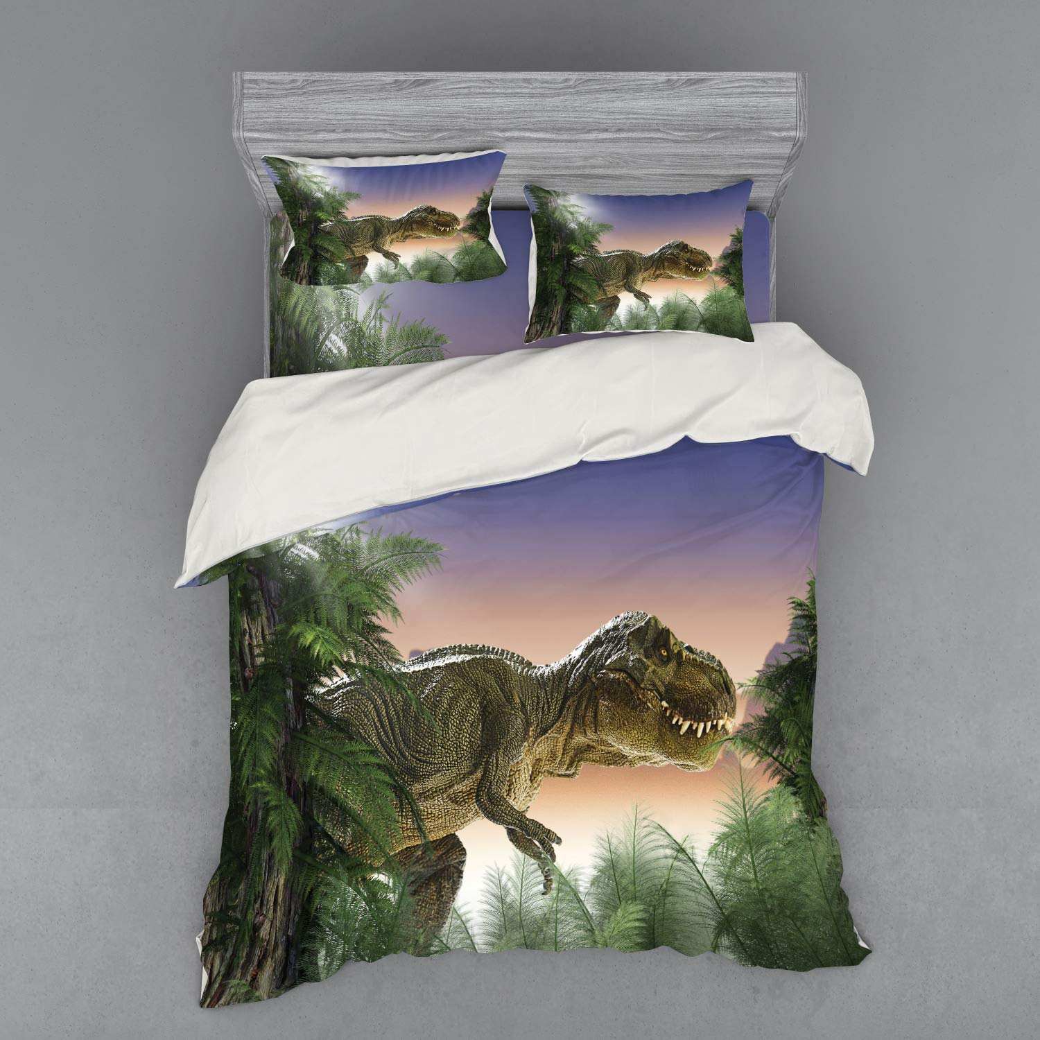 Ambesonne Jurassic Dinosaur Bedding Set - 3 Piece Duvet Cover with Sham & Fitted Sheet, Queen Size, Peach Green Blue Jungle Forest Print - Perfect for Kids' Room, Dinosaur Themed Bedroom Decor, Boys' Bedding