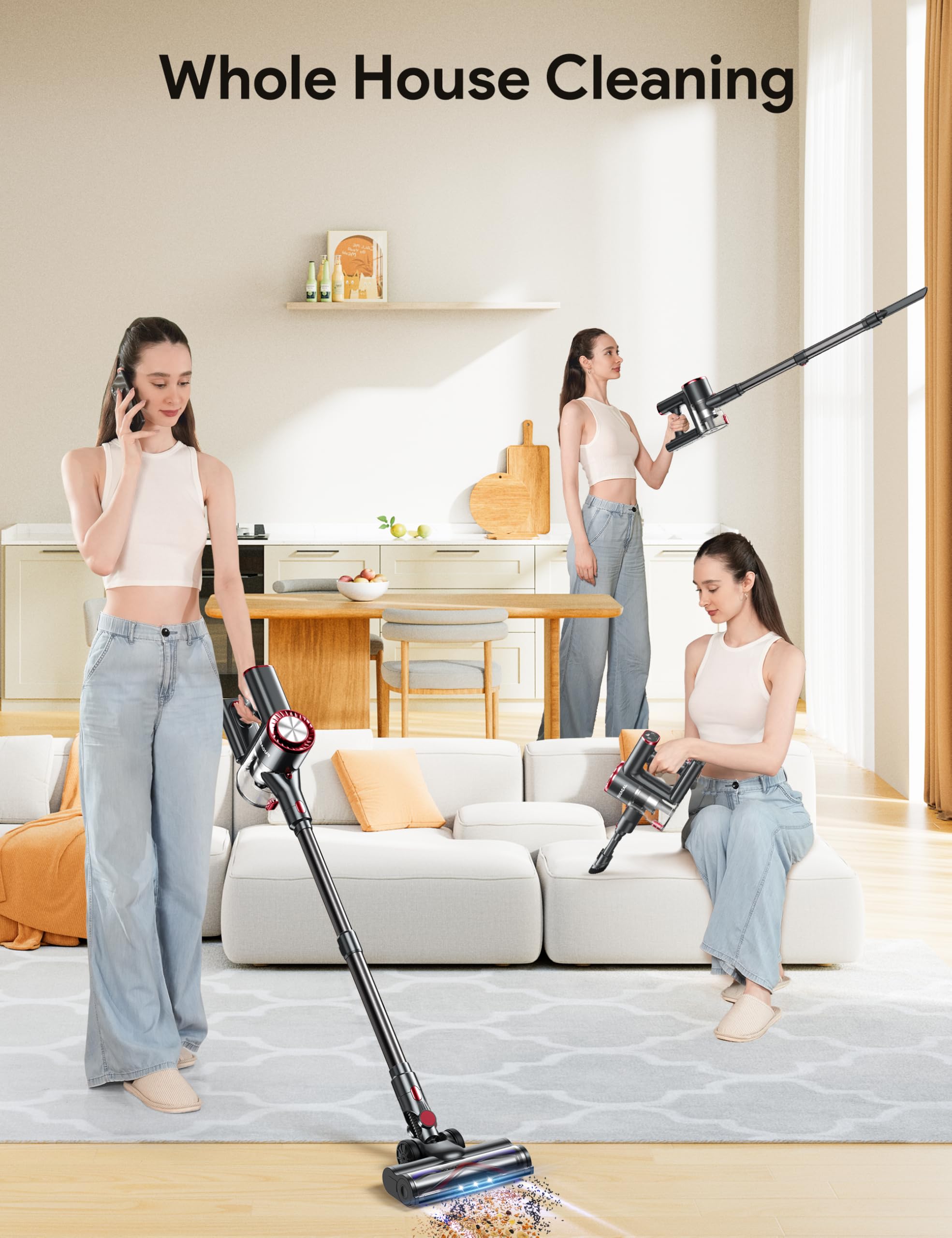 FUFACAL 23KPA Cordless Stick Vacuum Cleaner with 2200mAh Detachable Battery, 42 Mins Runtime, 6-in-1 Multi-Surface Cleaning, LED Display - Lightweight Vacuum for Hard Floors, Carpets, Cars & Pet Hair (Perfect for Home, Office & Auto Cleaning)