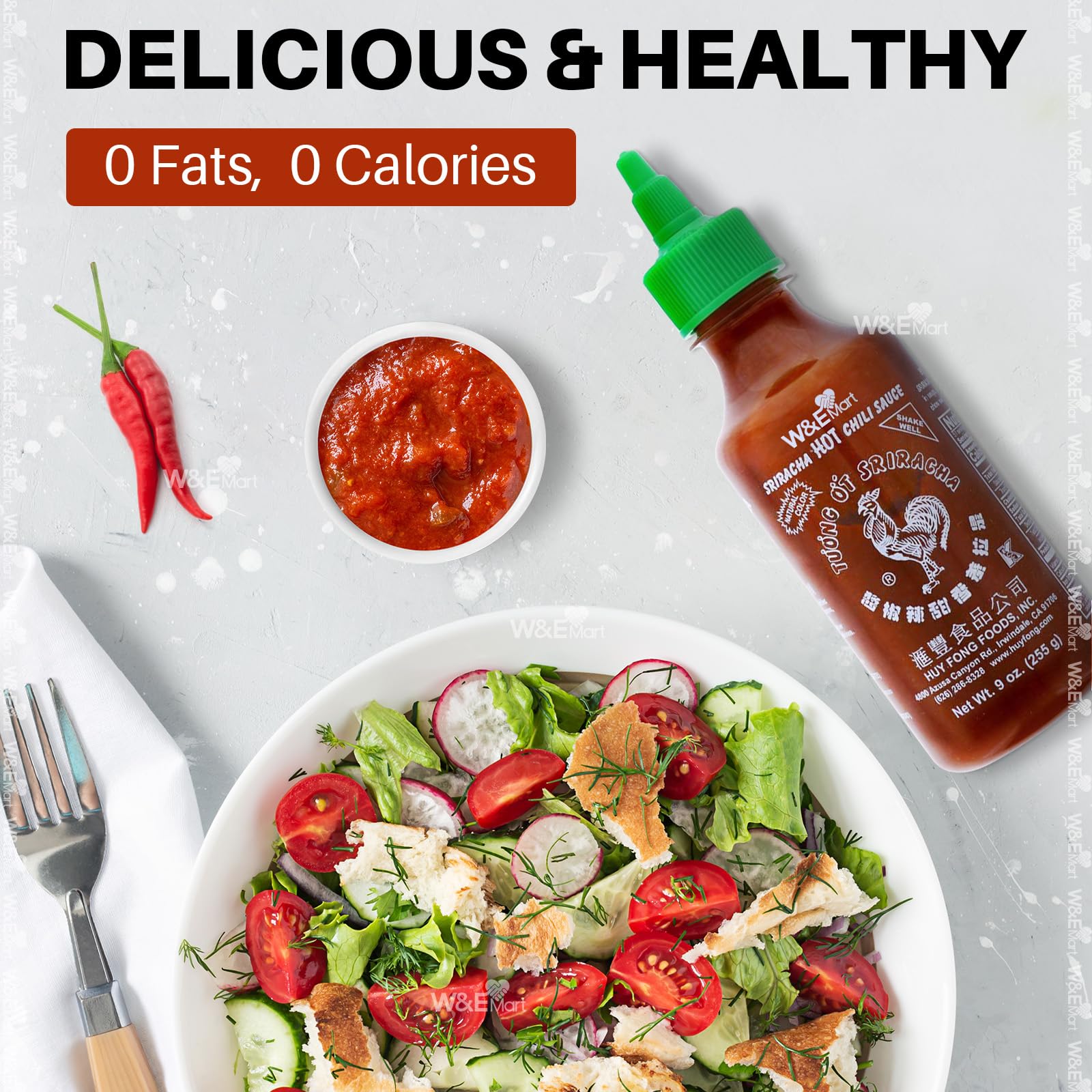 Huy Fong Sriracha Hot Chili Sauce - 9 oz (255g) Bottle | Spicy Chili Garlic Sauce for Cooking, Dipping & Asian Cuisine | Perfect for Pho, Ramen, Stir Fry & More