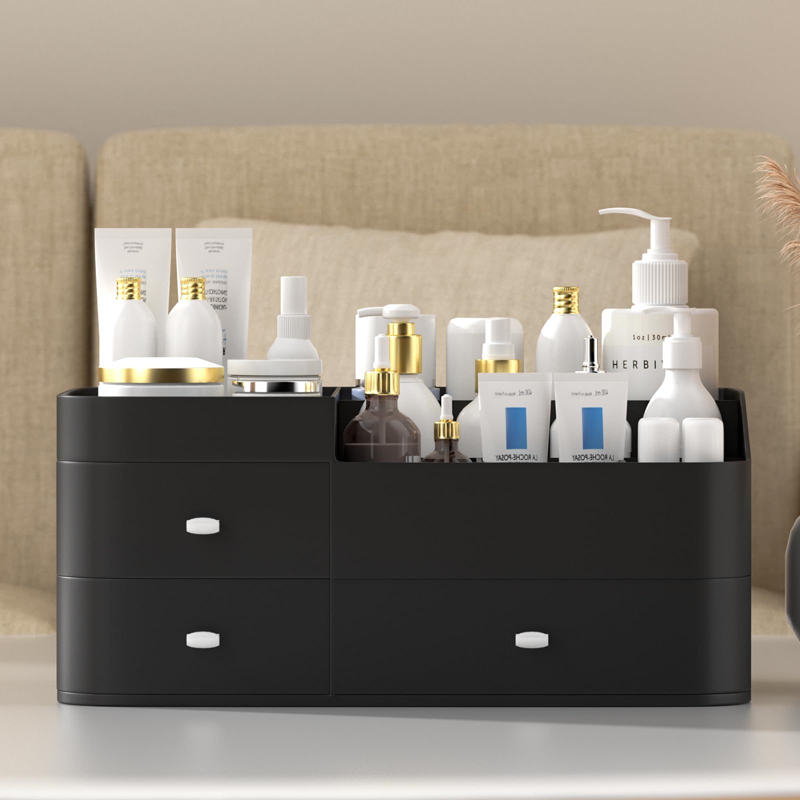 Large Capacity Makeup Organizer with Drawers - Vanity Cosmetic Storage for Lipsticks, Jewelry, Nail Care & Skincare | Black Desk Organizer for Bedroom & Bathroom Countertops | Perfect for Daily Beauty Routine & Travel Organization