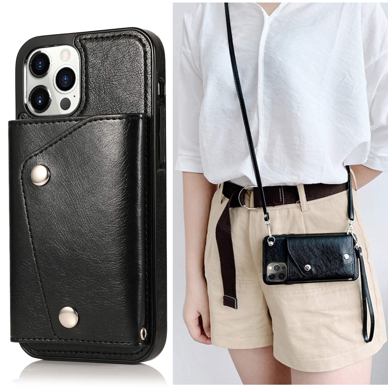 LUVI iPhone 13 Pro Max Wallet Case with Card Holder - PU Leather Flip Cover with Kickstand, Crossbody Neck Strap & Wrist Strap - Perfect for Women's Handbag & Purse (Black) | Ideal for Travel, Shopping & Everyday Use