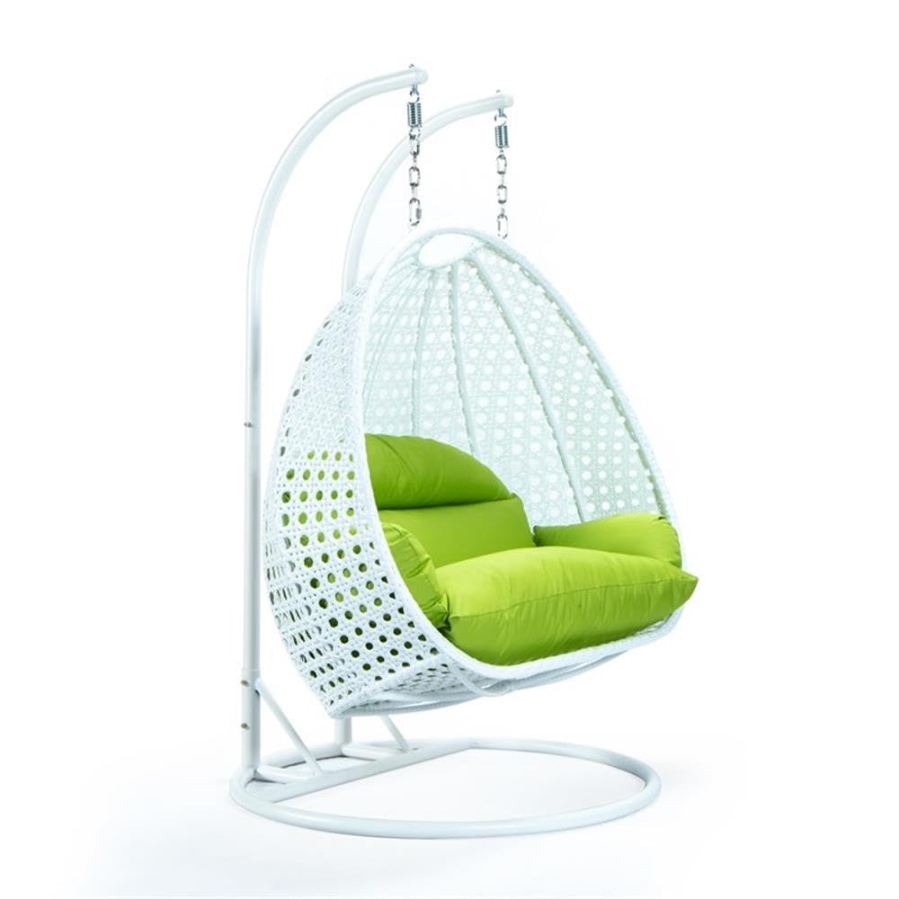 LeisureMod 2-Person Wicker Egg Chair - Outdoor/Indoor Hanging Swing with White Stand & UV-Resistant Cushions (Light Green) - Perfect for Patio, Garden, Bedroom or Balcony Relaxation