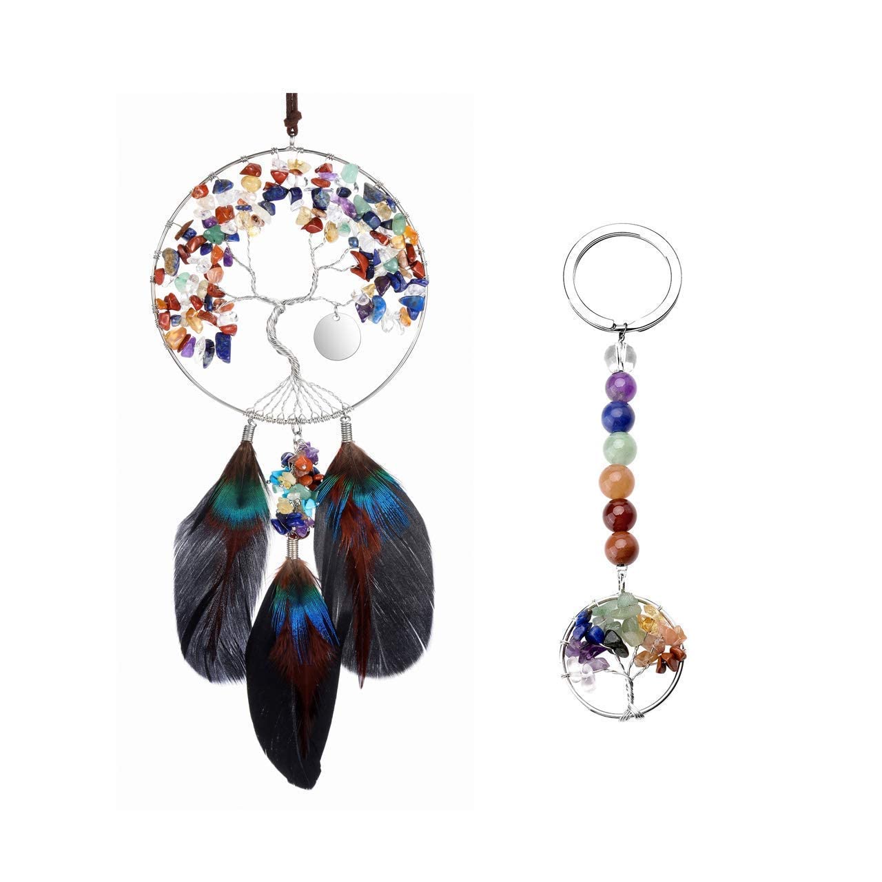 7 Chakra Tree of Life Dream Catcher & Beaded Keychain Set - Spiritual Wall Decor & Crystal Key Ring for Meditation, Yoga & Home Blessing | PESOENTH 2-Piece Bundle