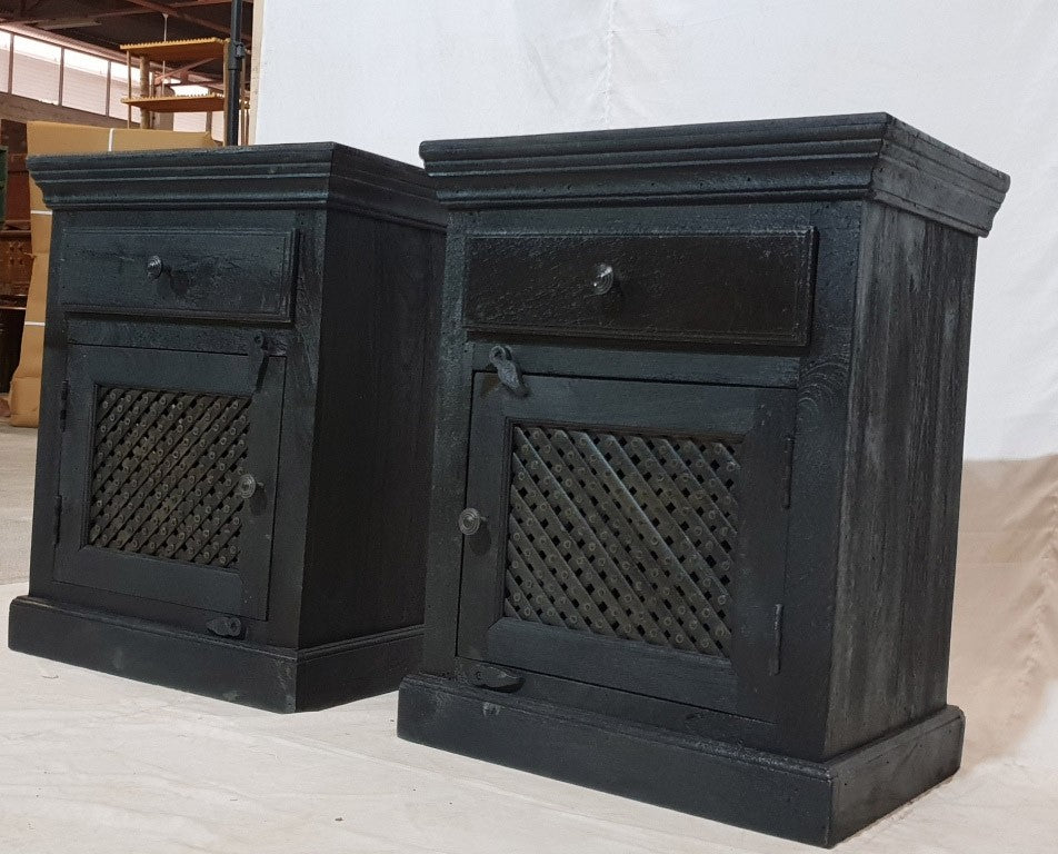 Hand Carved Solid Wood Jali One Door One Drawer Bedside Cabinet - 22x16x28 Inches (56x40x70cm) - Elegant Nightstand for Bedroom, Living Room & Office Storage