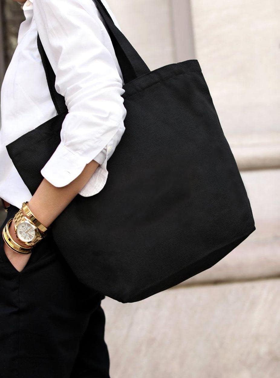 Premium Black Canvas Tote Bag for Women - Durable Zip Closure, Stylish Collage Design - Perfect for Shopping, Beach, Street Fashion & Everyday Use