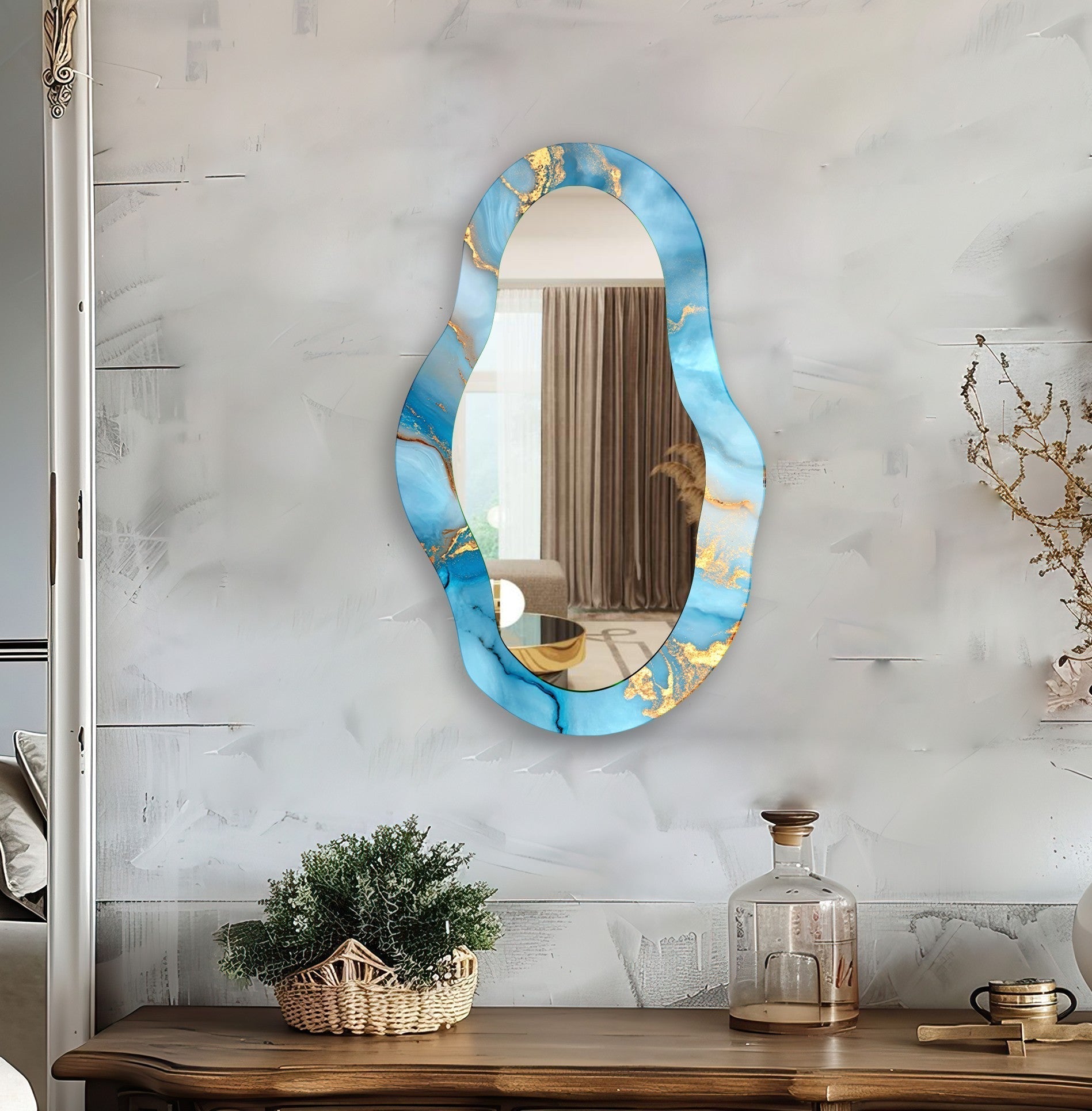 Abstract Blue Asymmetrical Wall Mirror - Modern Decorative Mirror for Living Room, Bedroom, or Entryway - Unique Home Decor Accent Piece