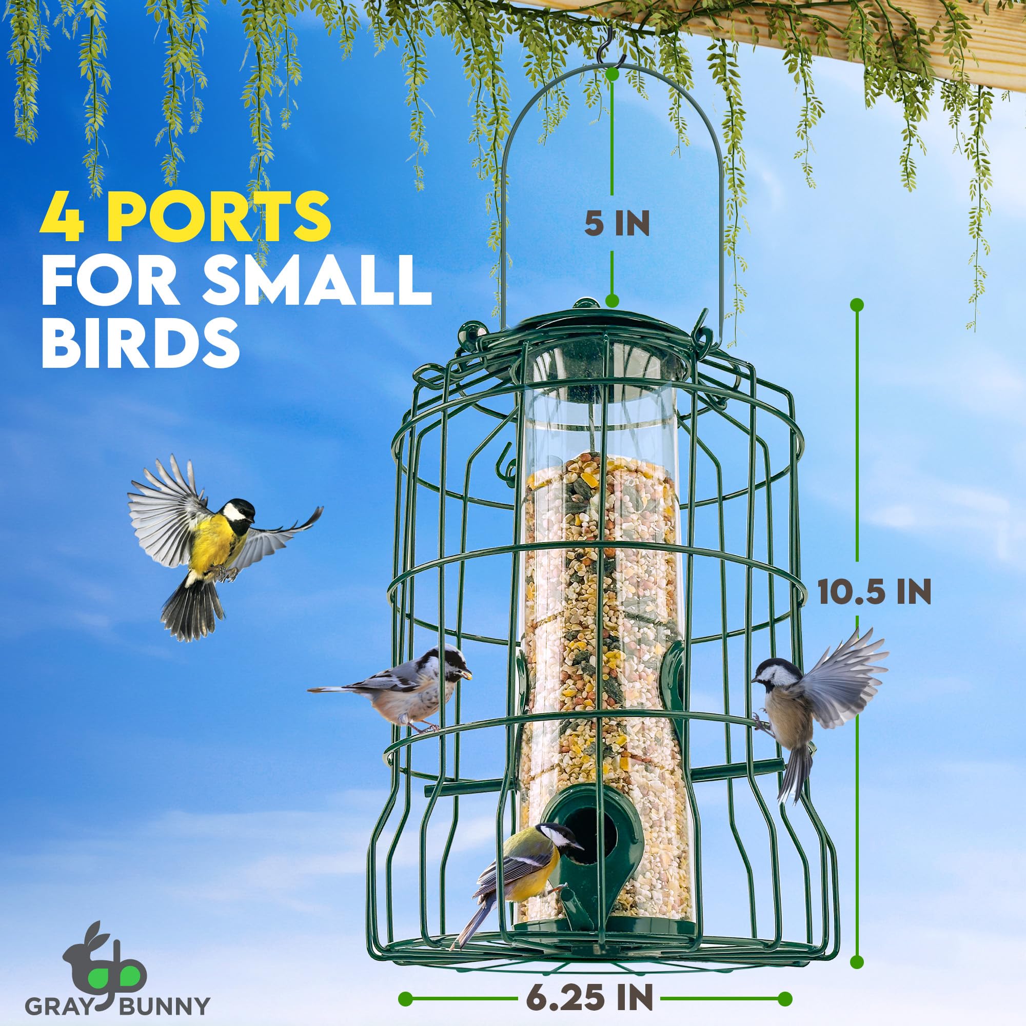 Squirrel Proof Wild Steel Bird Feeder - 1.25 lb Capacity Hanging Outdoor Bird Feeder for Small Birds, Chew & Rust Resistant, 4-Port - Perfect for Garden, Patio, and Backyard Bird Watching