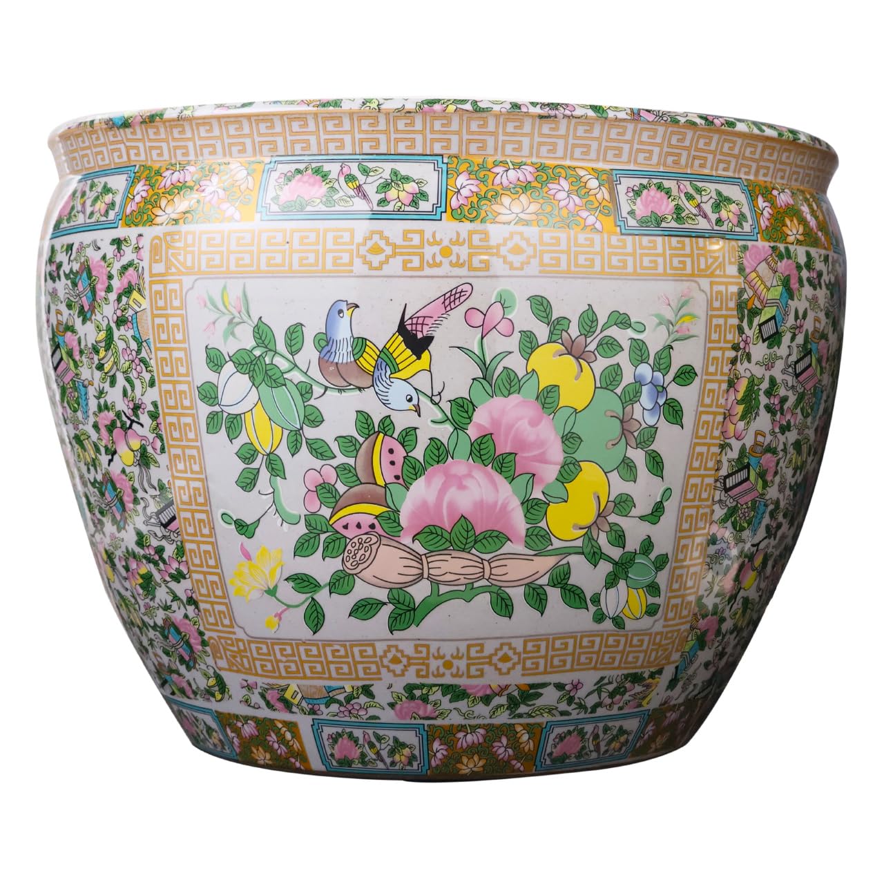 Large Porcelain Floral Rose Medallion Fish Bowl Cachepot Planter - Elegant Home Decor for Flowers, Plants & Centerpieces | Perfect for Living Room, Dining Table & Garden Decor