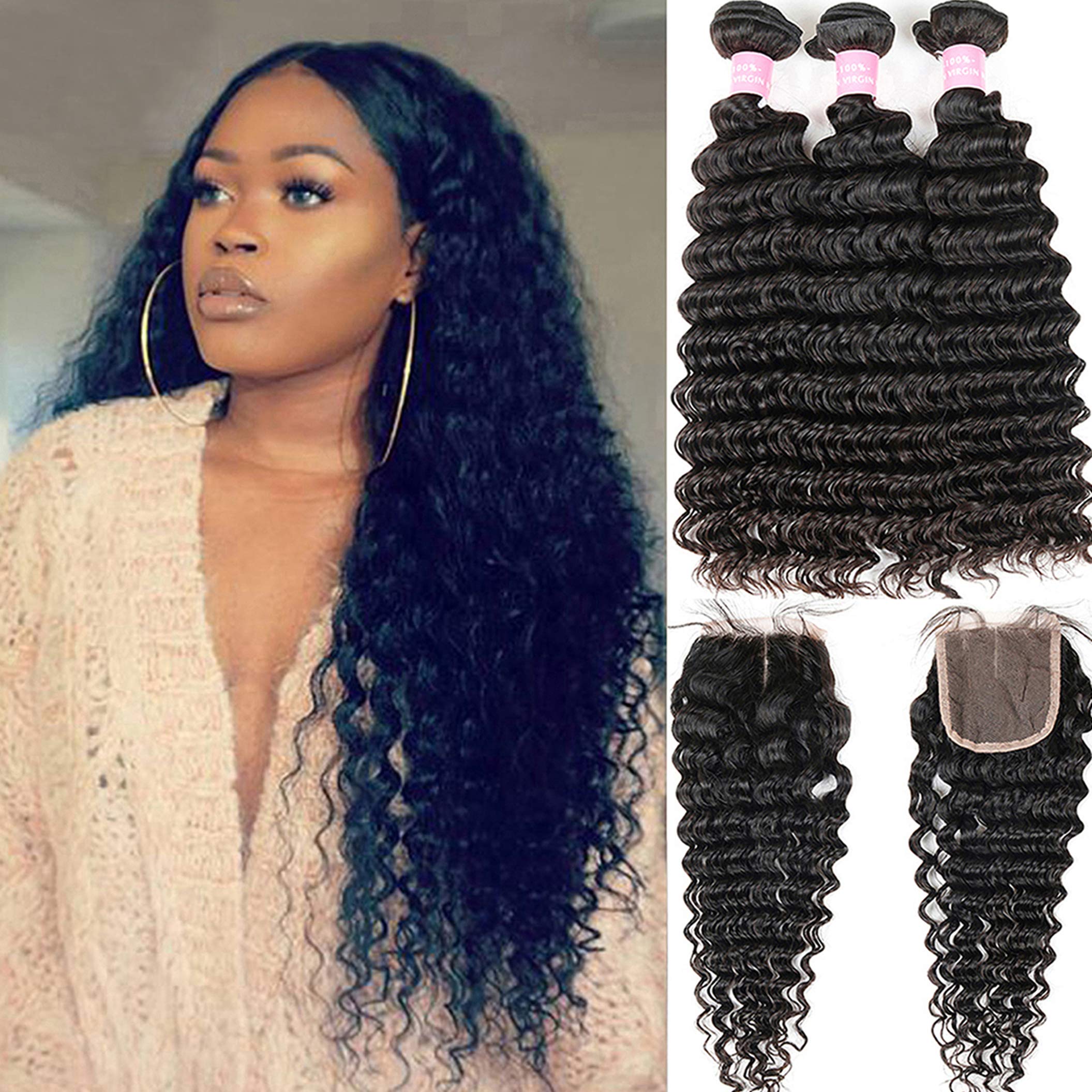 Brazilian Virgin Human Hair Bundles with Closure - 3 Bundles Deep Wave Unprocessed Hair (14, 16, 18+12 inches) | Middle Part Lace Closure | Perfect for Weaves, Extensions & Protective Styles