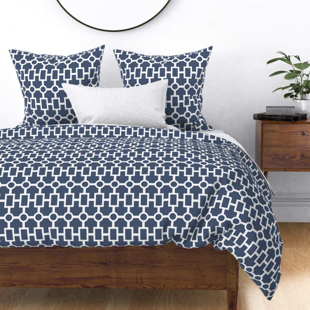 Custom Geometric Navy Blue & White Moroccan Boho Duvet Cover - Full/Queen Cotton Sateen Bedding for Bohemian & Modern Bedrooms | Spoonflower Trellis Print Home Decor