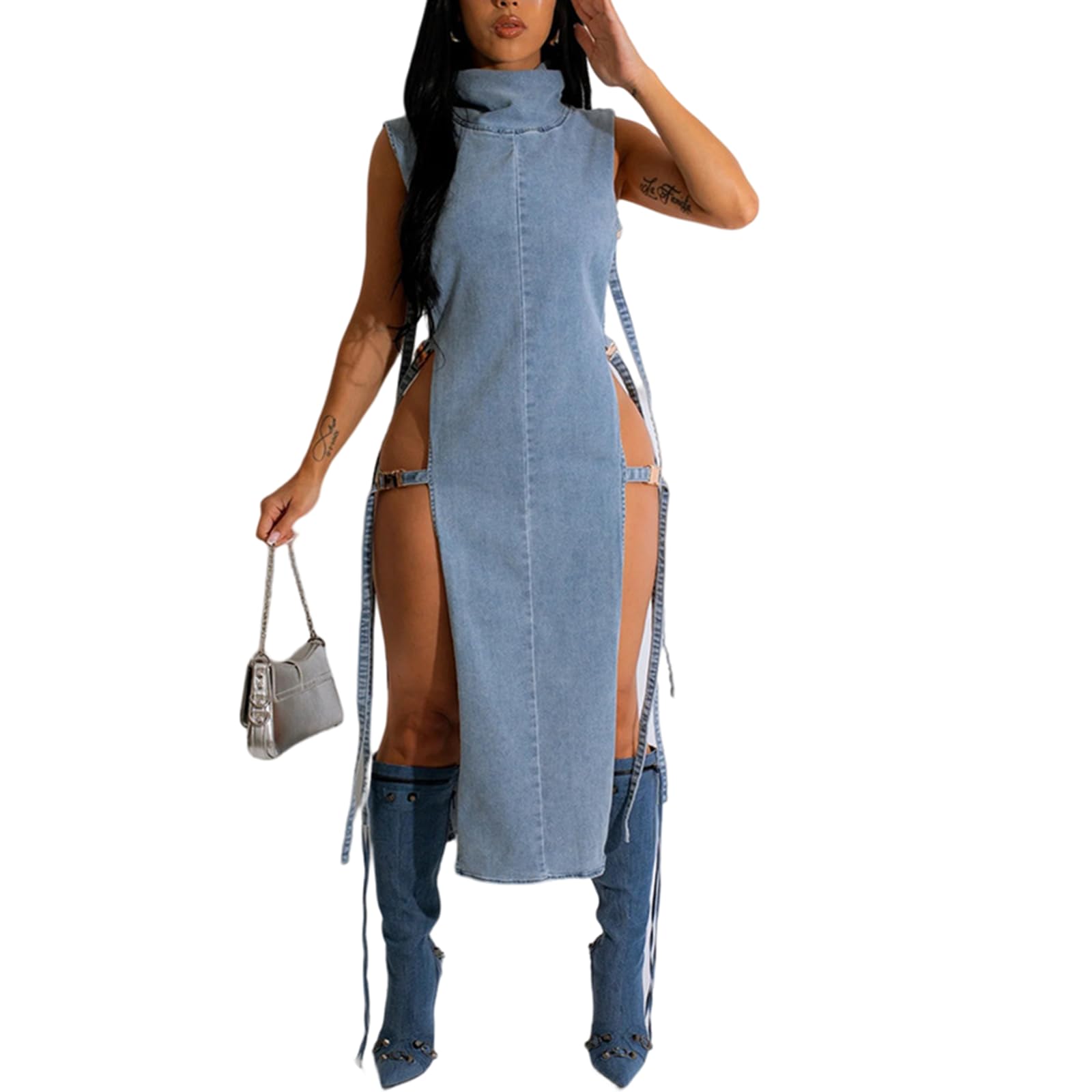 Distressed Boyfriend Denim Dress for Women - Sleeveless Casual Jean Dress | Cute Cowgirl Summer Outfit for Music Festivals, Beach Days & Western Style