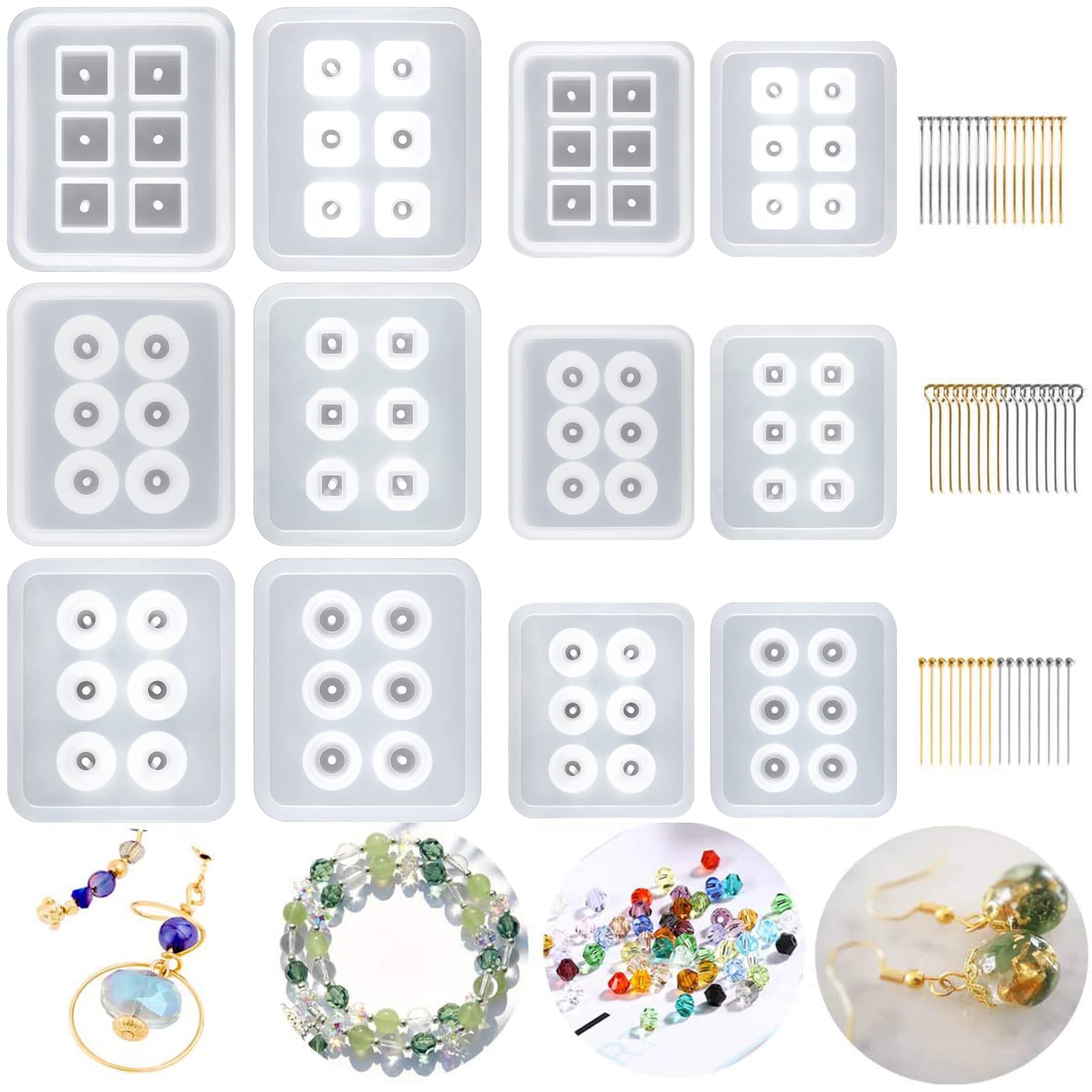 Suhome 12PCS Silicone Resin Bead Molds for Jewelry Making - Cabochon Gem Molds with Holes for DIY Earrings, Pendants, Bracelets & Necklaces - Perfect for Epoxy Resin Crafts, Handmade Jewelry & DIY Gifts