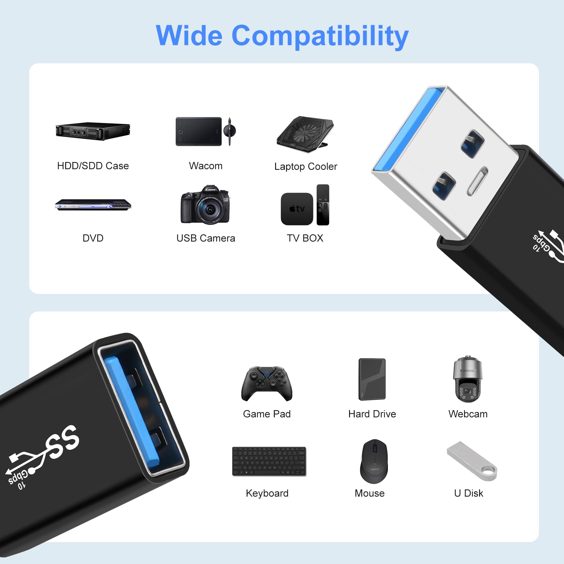 AIYEEN USB 3.0 Male to Female Adapter (2 Pack) - High Speed OTG USB A to A Connector, Data Transfer & Extension Cable for Laptop, PC, Hard Drive - Perfect for Office, Home & Travel Use