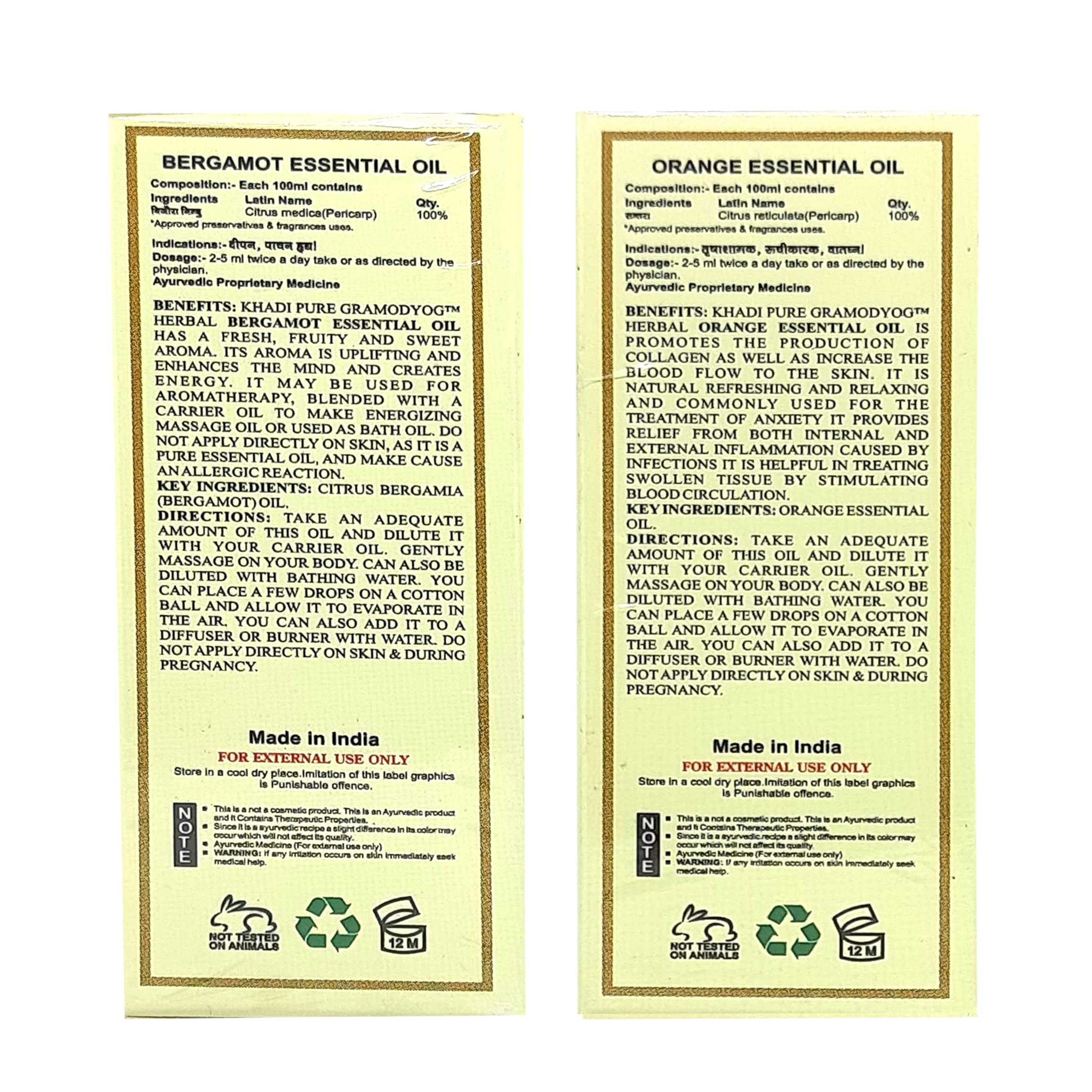 Khadi Pure Bergamot & Orange Essential Oil - 15ml (Pack of 2) | 100% Natural Aromatherapy Oil for Relaxation, Stress Relief & Diffuser Blends | Perfect for Massage, Skincare & Home Fragrance