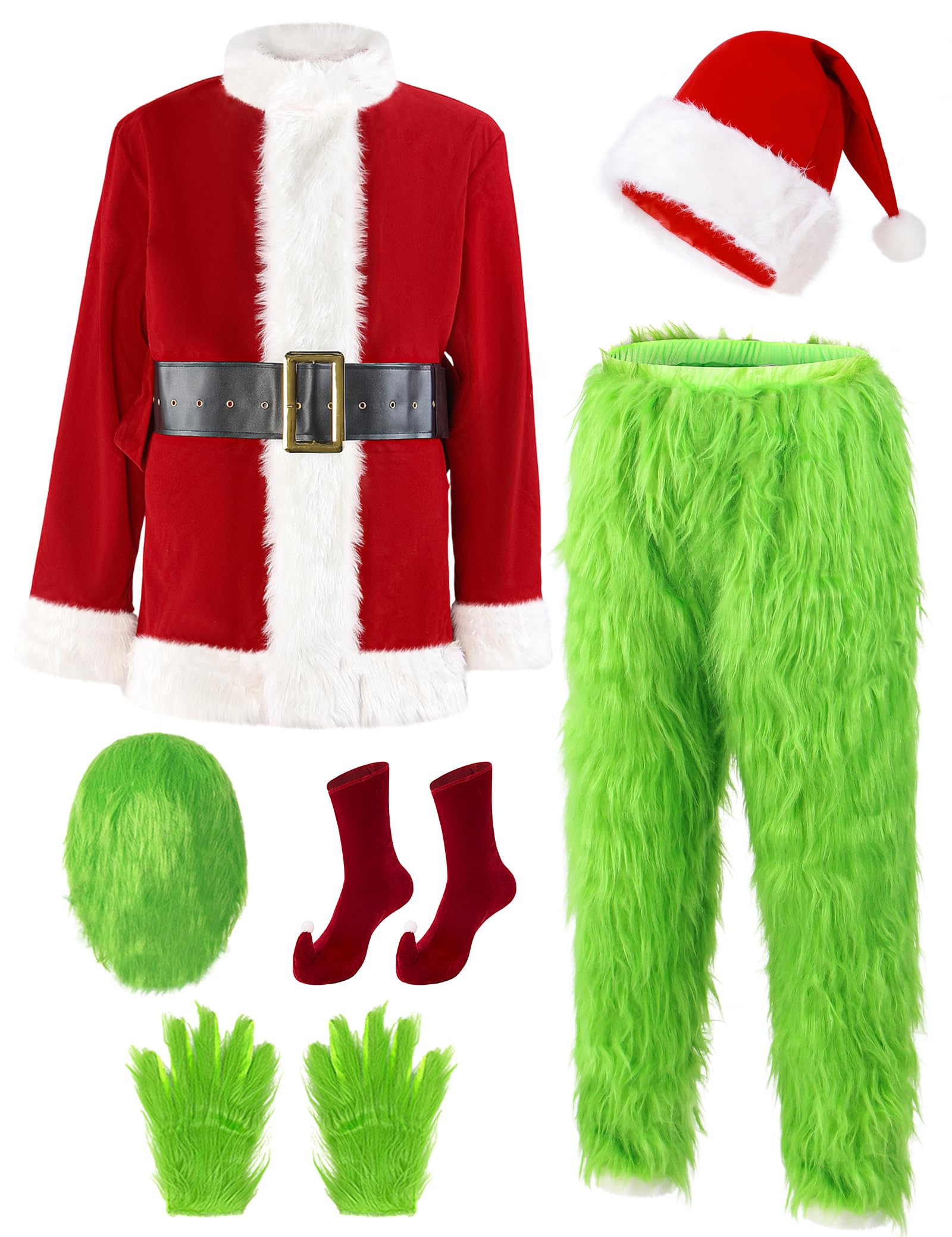 Premium 7-Piece Green Furry Monster Santa Costume Set for Men - Deluxe Adult Christmas Outfit with Mask (Size 3XL) - Perfect for Holiday Parties, Cosplay & Festive Celebrations