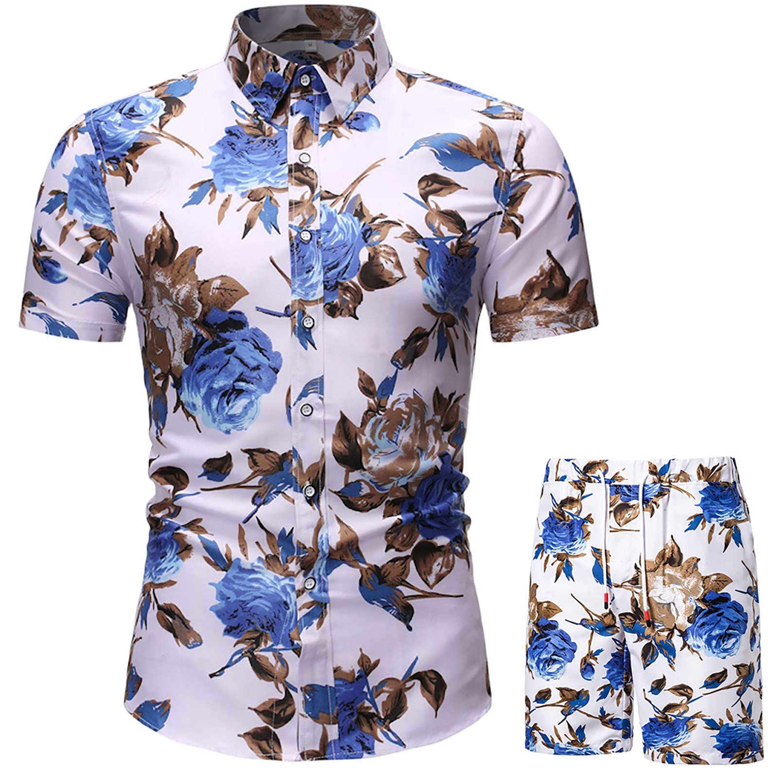 Men's Hawaiian Shirt and Shorts Set - 2 Piece Summer Casual Outfit with Tropical Print | Short Sleeve Button Down Shirt & Athletic Shorts for Beach, Gym, Jogging, and Vacation Wear