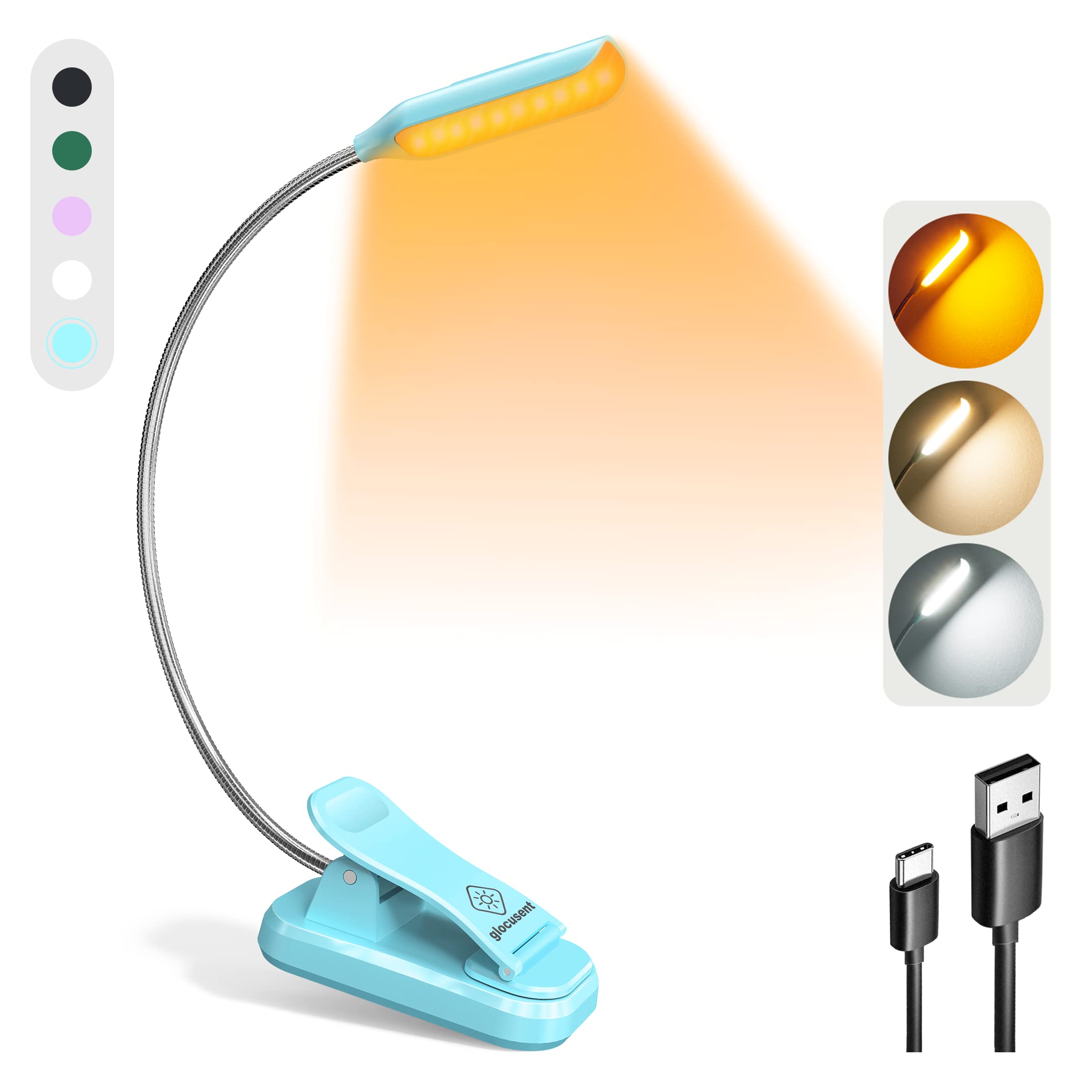 Glocusent Willow Rechargeable Book Light - 10 LED Reading Lamp with 3 Color Modes & 3 Brightness Levels, 80 Hours Battery Life - Perfect Gift for Book Lovers, Night Reading, Studying, Camping & Travel