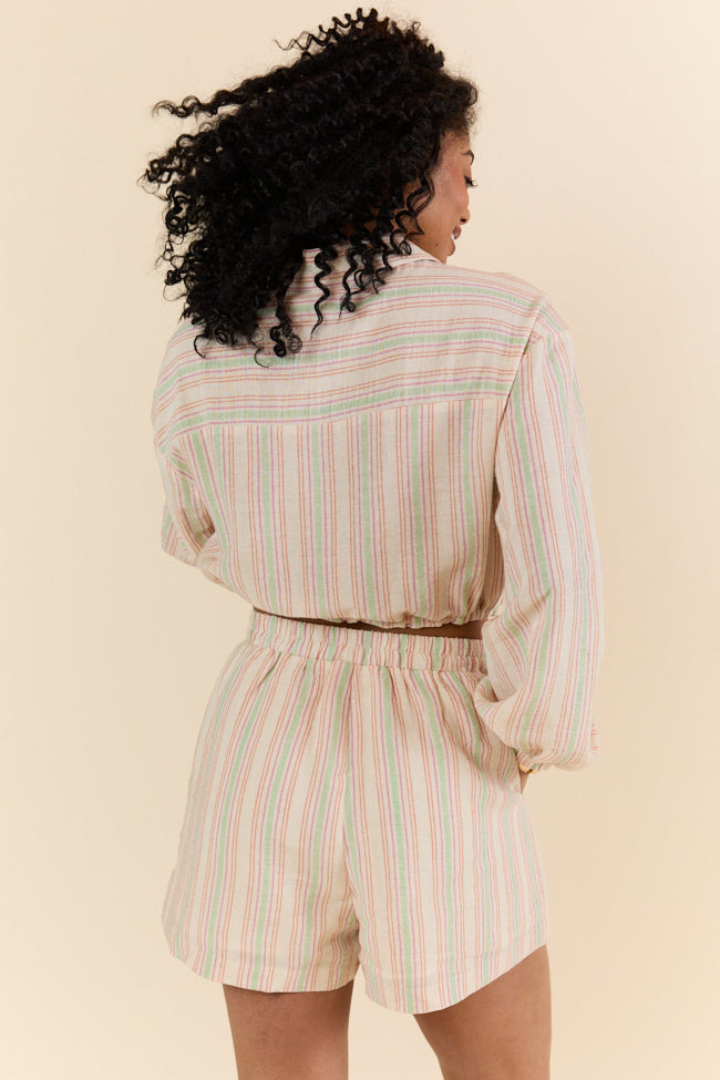 Dream Destination Striped Long Sleeve Top and Shorts Set - Women's Casual Loungewear Outfit for Travel, Vacation & Relaxation