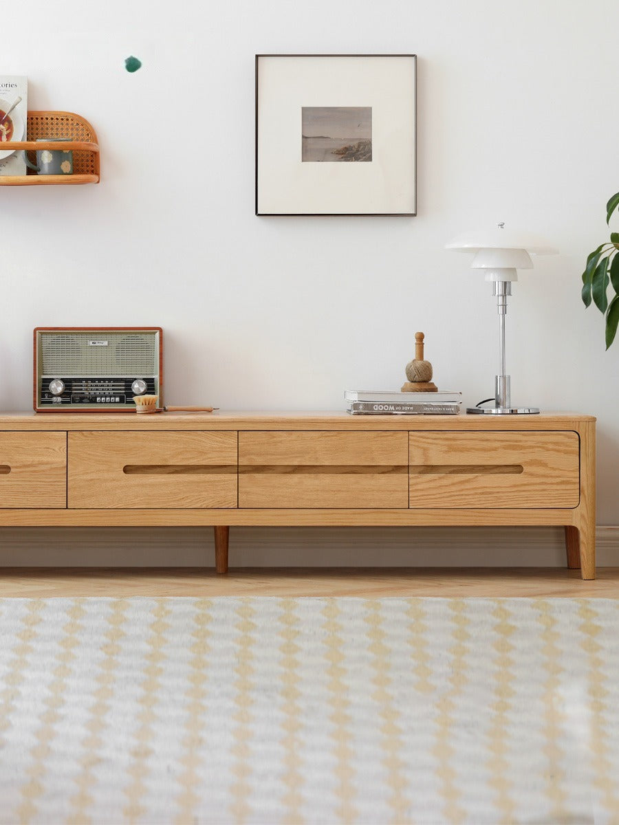 Solid Oak Wood TV Stand with 4 Drawers - Sturdy Media Console for Living Room, Bedroom & Home Theater Storage