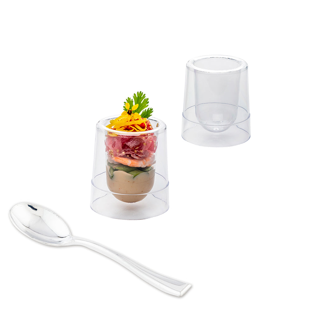 100 Pack 2 oz Clear Plastic Double Walled Round Cups with 100 Silver Mini Plastic Spoons - Perfect for Parties, Weddings, and Beverage Tasting Events
