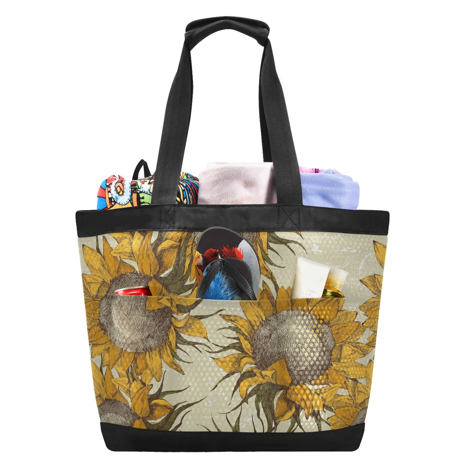 Vintage Sunflowers Beach Bag - Waterproof Large Mesh Tote for Travel, Pool, Gym & Yoga - White - Perfect for Summer Outings, Beach Trips & Sports Activities
