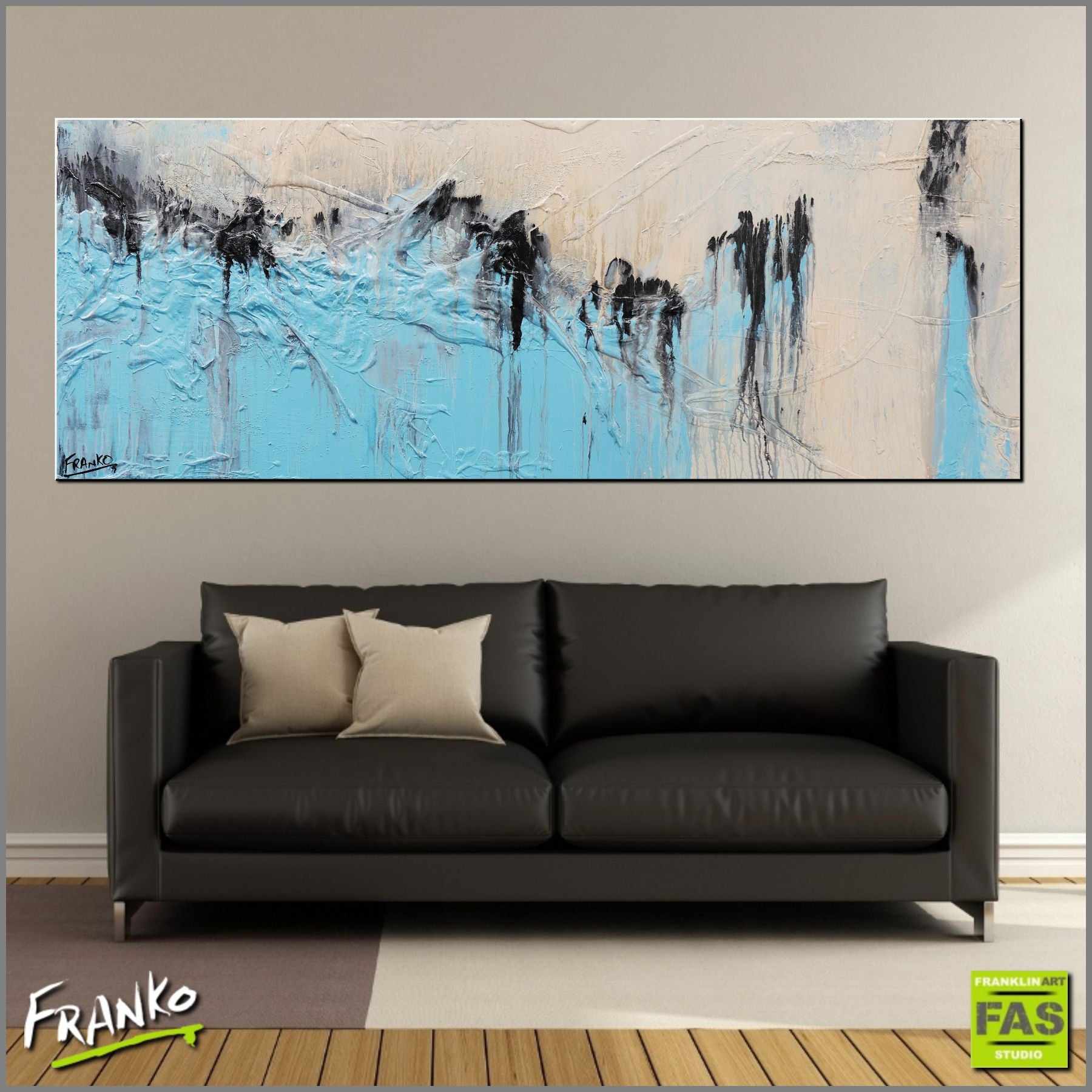 Light Creme Blueley 160cm x 60cm Blue Creme Abstract Canvas Art Painting - Modern Wall Decor for Living Room, Bedroom & Office