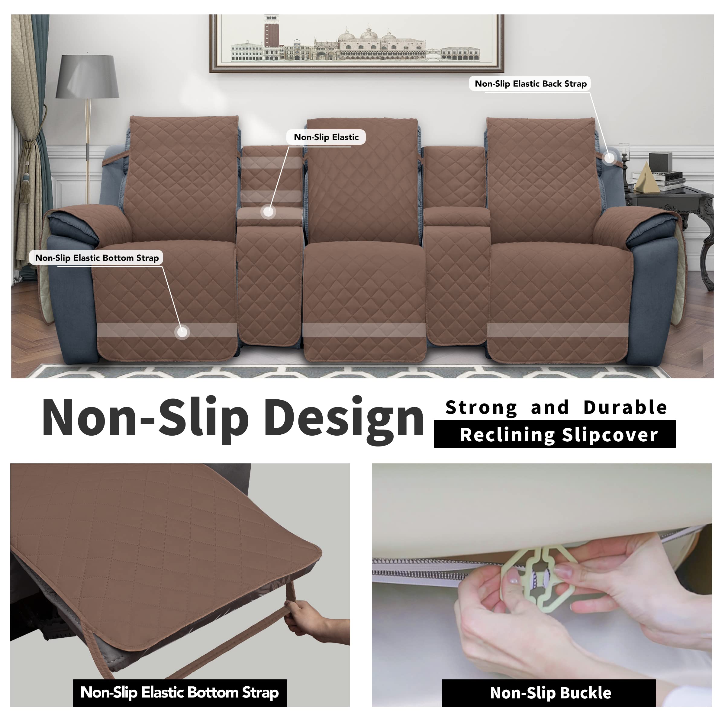 Easy-Going Recliner Sofa Cover with Console - Reversible 3-Seater Couch Slipcover for Living Room - Split Design with Elastic Straps for Kids, Dogs & Pets (Brown/Beige) - Perfect for Family Gatherings, Pet Protection & Home Decor