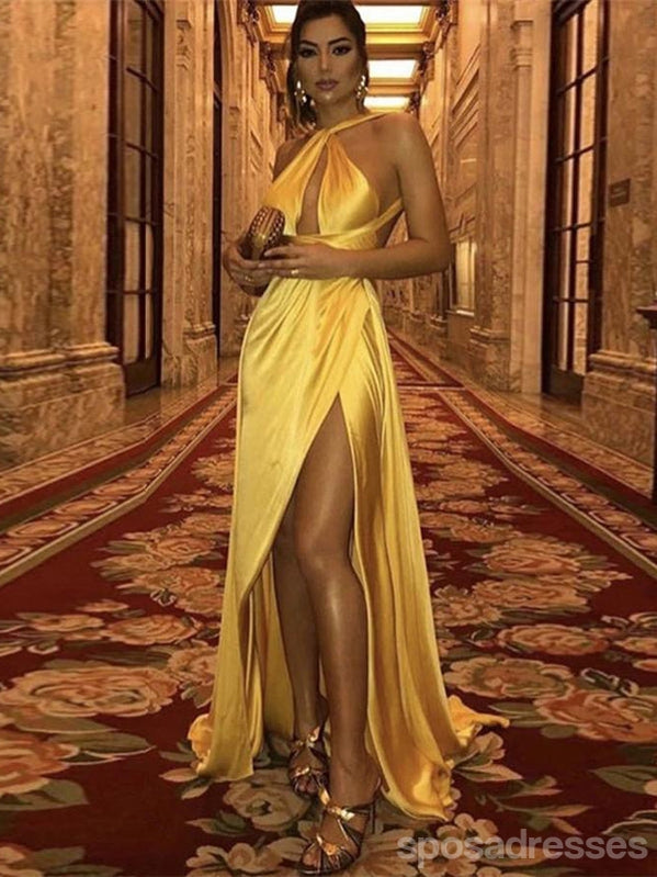 Elegant Gold Sheath Halter High Slit Long Prom Dress for Women - Perfect for Evening Gala, Homecoming & Formal Events