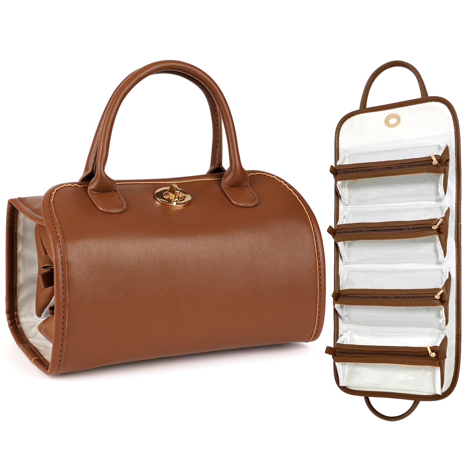 Foldable Travel Makeup Organizer Bag with Detachable Pouches - Large Capacity 4-in-1 Roll-Up Cosmetic Storage with Handle for Women | Perfect for Air Travel, Gym, Vacation & Daily Organization