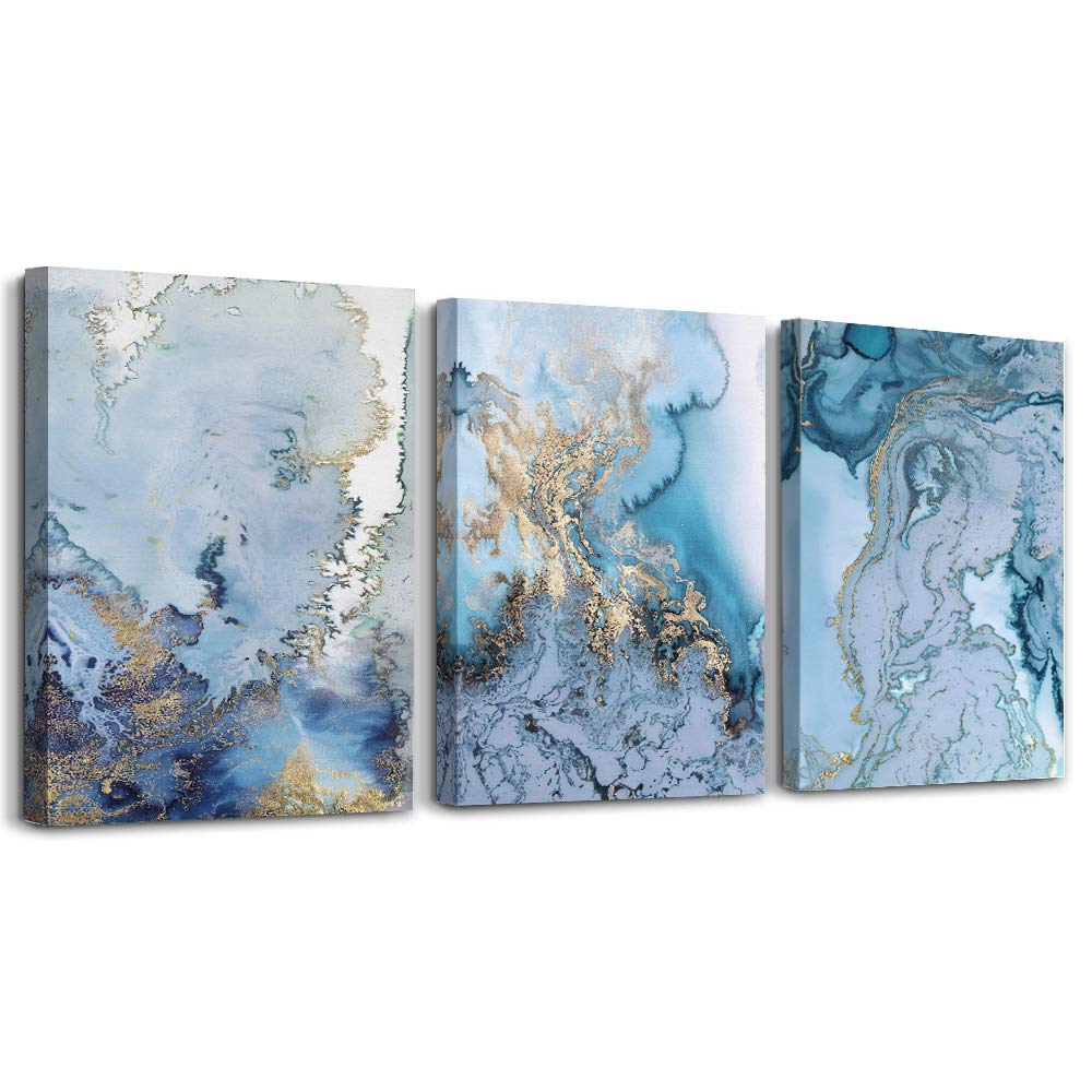 Abstract Canvas Wall Art Set of 3 - Blue Watercolor Paintings for Home & Office Decor - Large Inspirational Wall Pictures for Living Room, Bedroom & Workspace - Modern Artwork for Interior Design & Wall Decoration