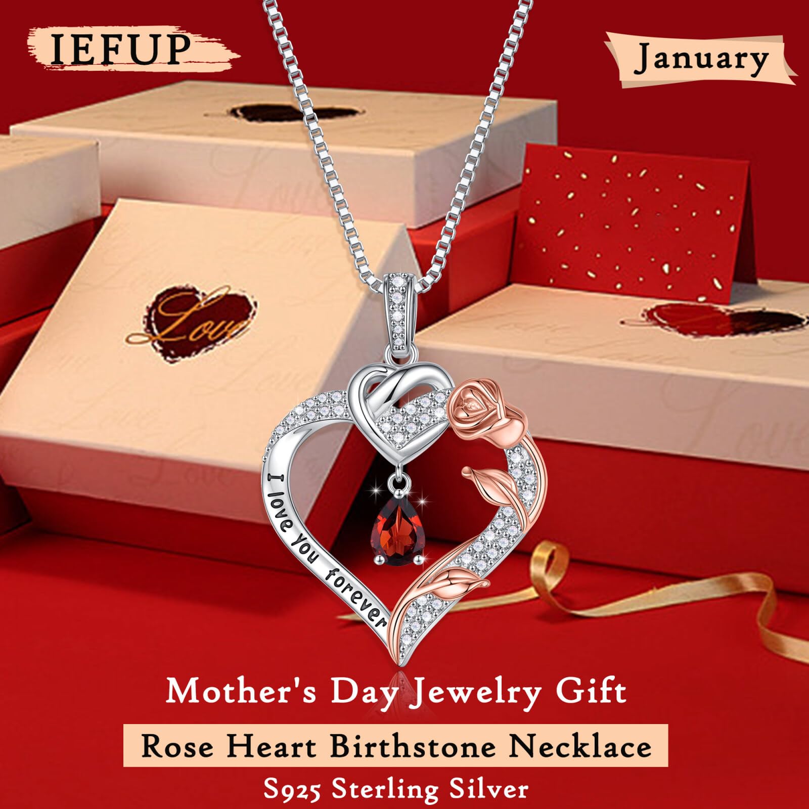 925 Sterling Silver Rose Heart Birthstone Necklace for Women - Personalized 