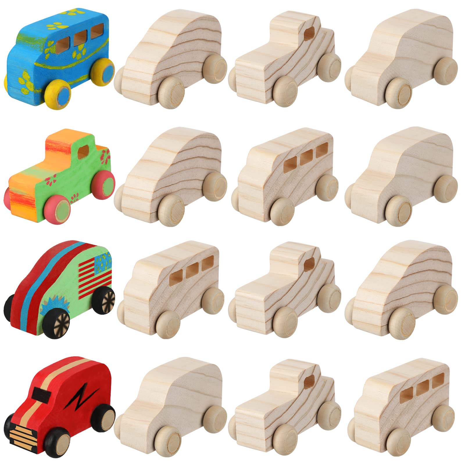 Chivao 12 Pcs Unfinished Wooden DIY Toy Cars - Paintable Wood Crafts for Kids, Students & Home Activities - Easy Woodworking Projects for Beginners (Cute Style) - Perfect for Classroom Crafts, Birthday Parties & Family Bonding Time