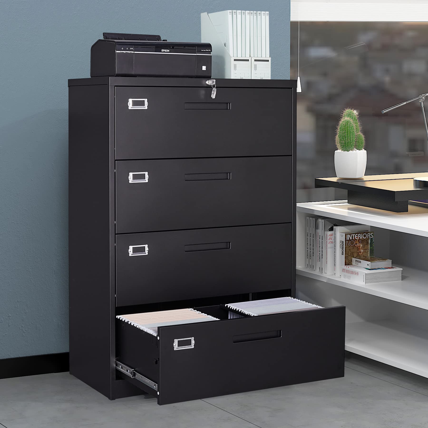 MIIIKO 4-Drawer Lateral File Cabinet with Lock - Heavy-Duty Metal Office Storage Cabinet for Letter, Legal, F4 & A4 Hanging Files - Secure Document Organization for Home Office, Corporate & School Use