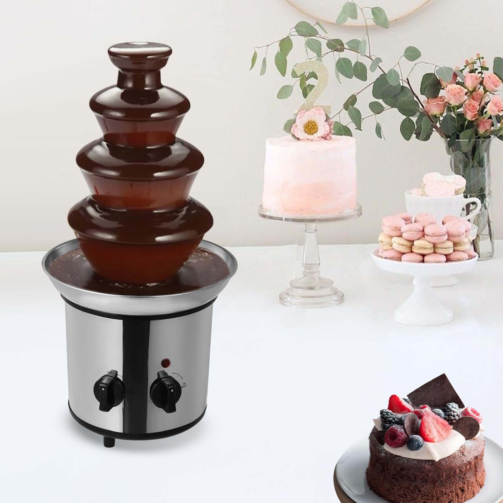 4 Tier Stainless Steel Chocolate Fountain Machine - Electric Chocolate Fondue Fountain for Parties, Weddings, Birthdays | Perfect for Dessert Buffets, Catering Events & Home Entertaining
