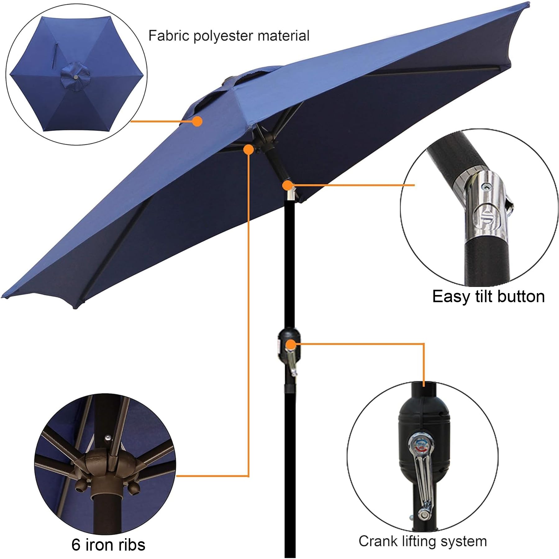 Blissun 7.5 ft Outdoor Patio Umbrella with Push Button Tilt & Easy Crank Mechanism - Navy Blue - Perfect for Backyard, Poolside, and Garden Shade
